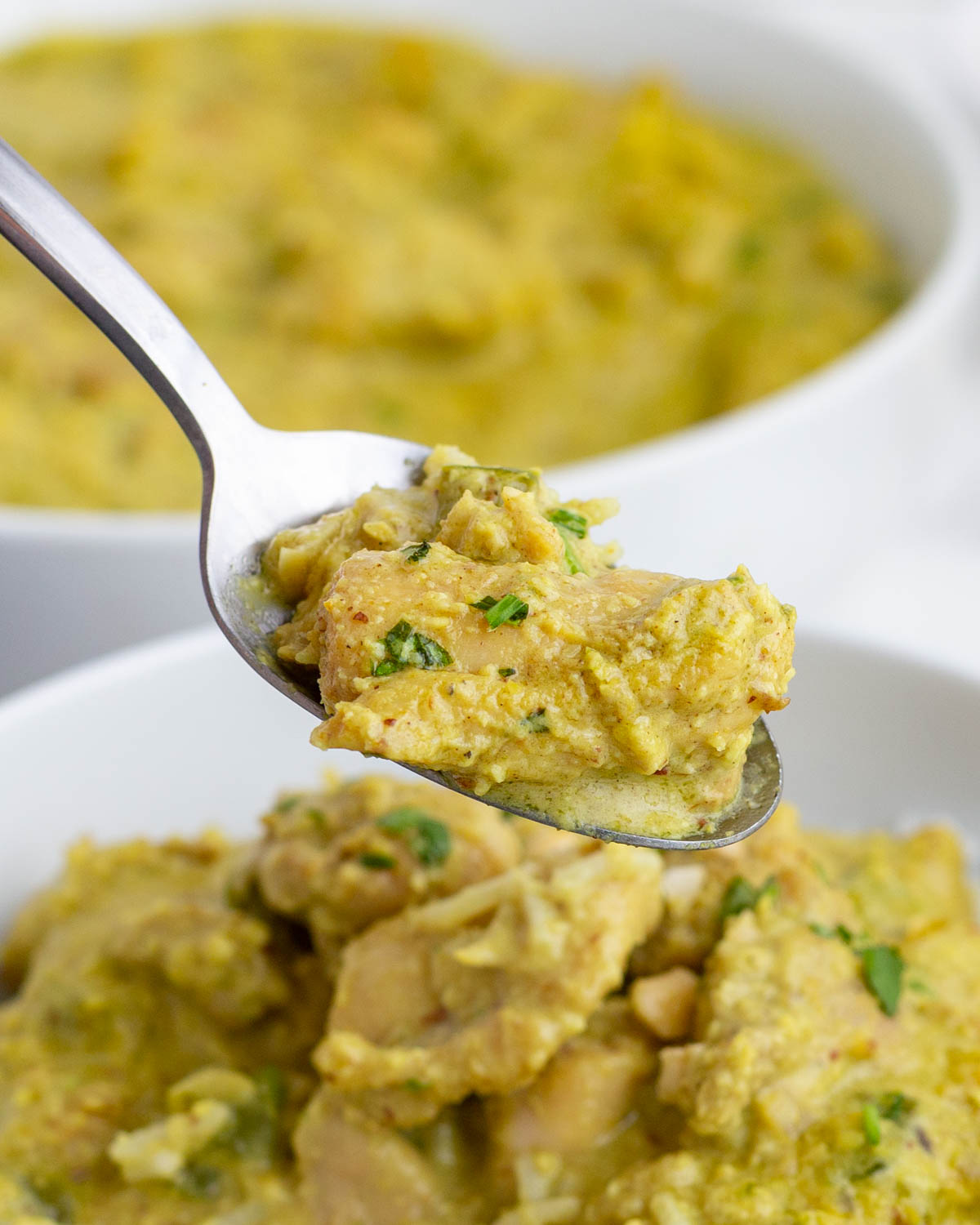 A spoonful of chicken korma curry is served from a bowl.