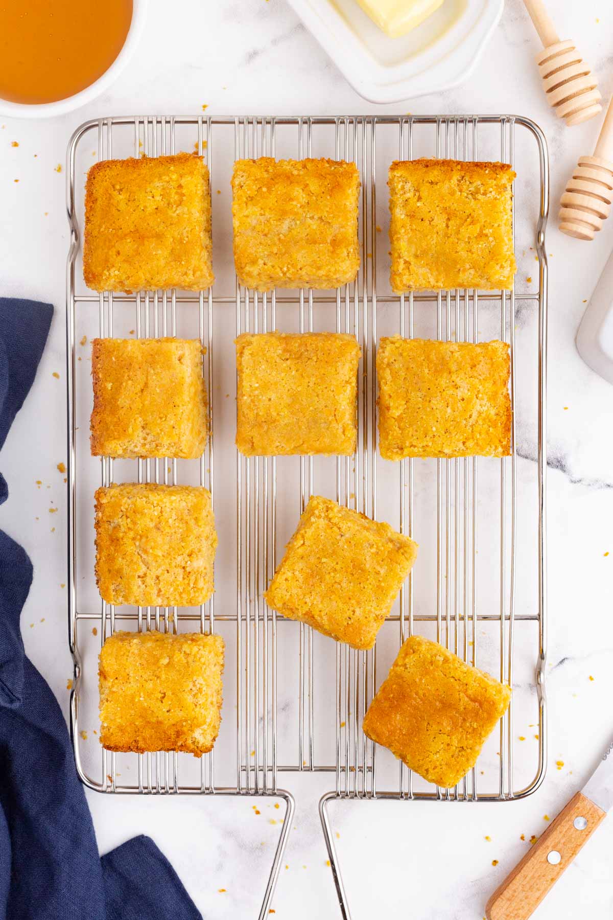 Cornbread cools on a rack.