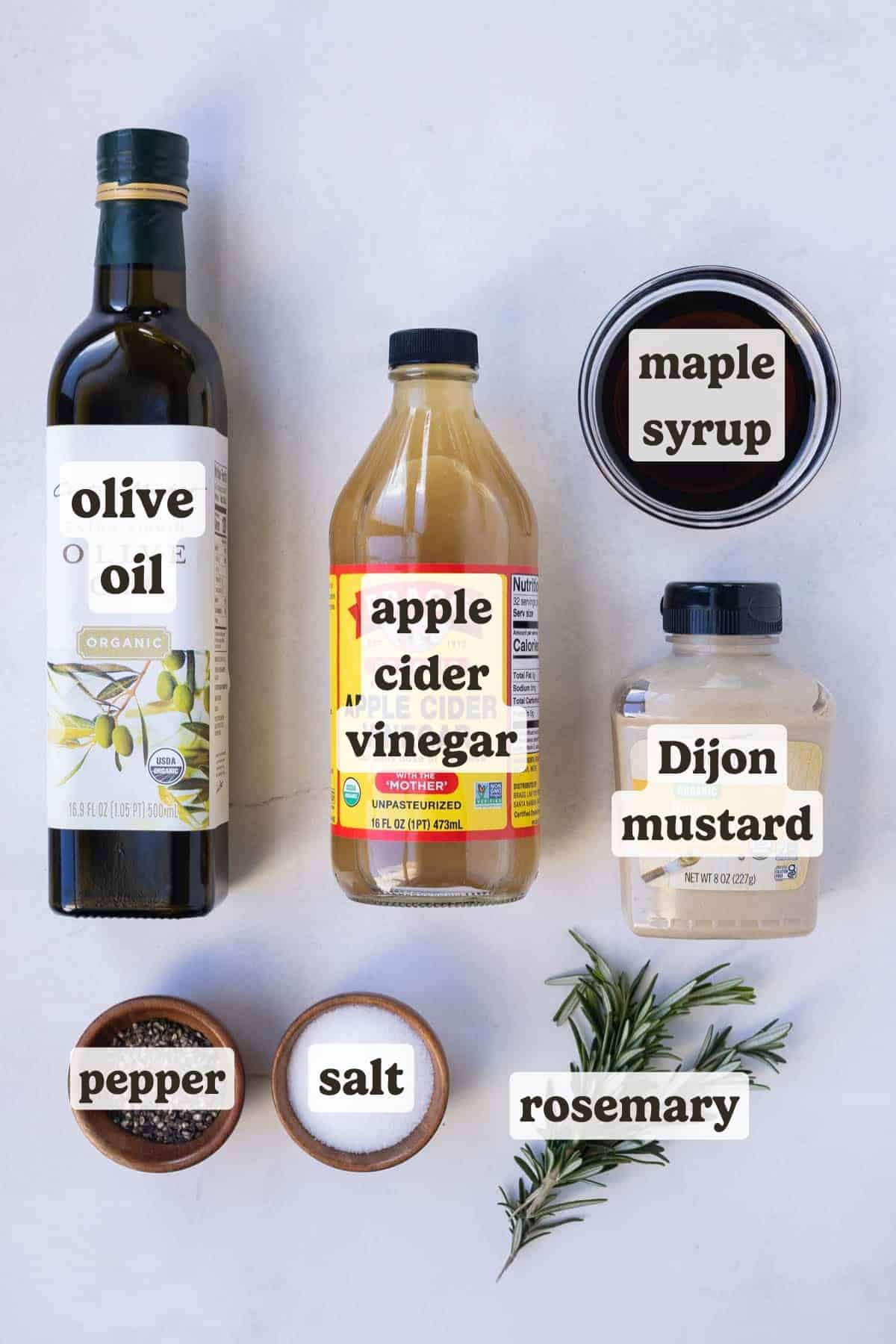Olive oil, apple cider vinegar, maple syrup, salt, and pepper are the main igredients for this apple cider vinaigrette recipe.