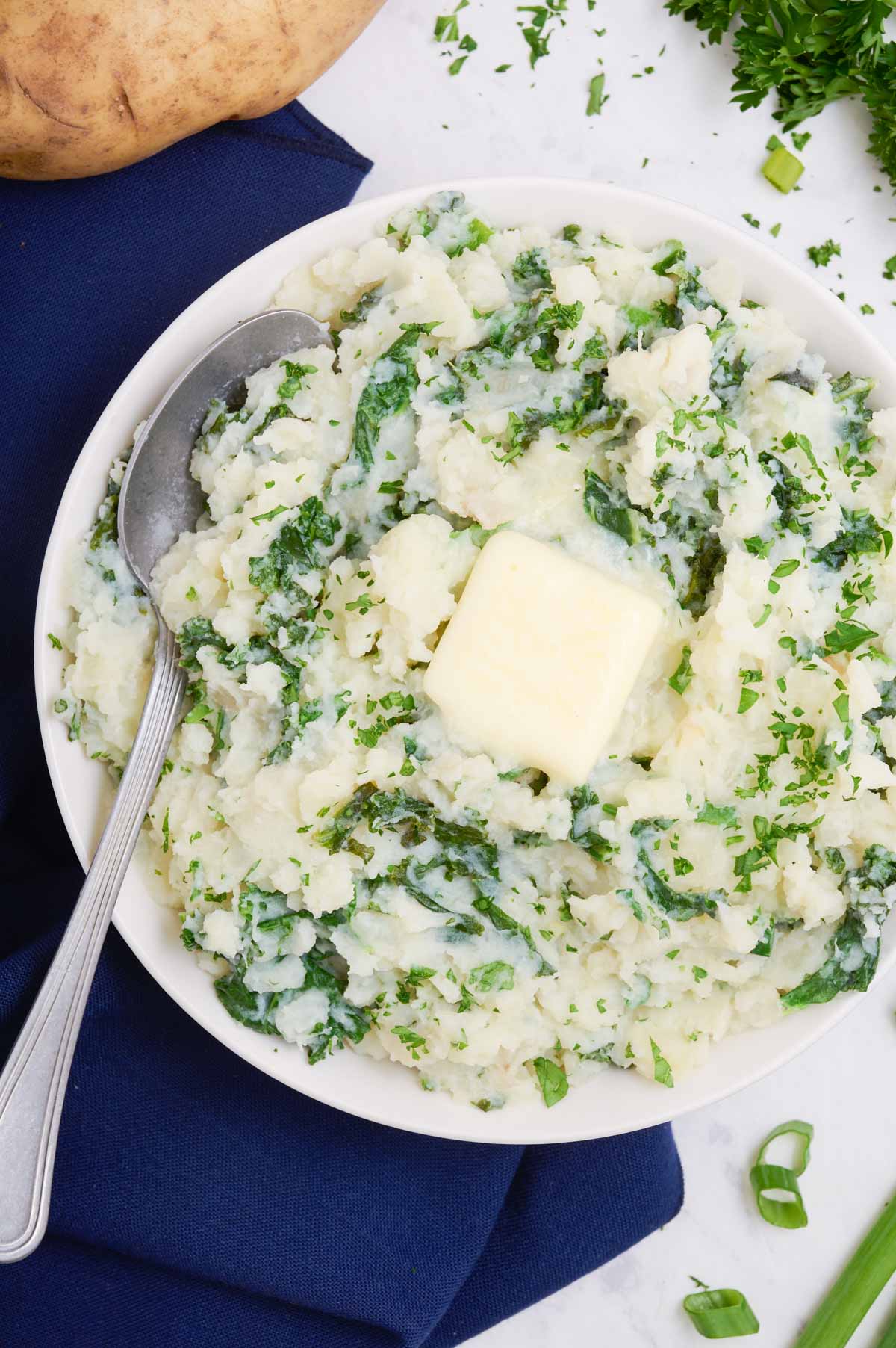 An overhead shot of creamy Irish mashed potatoes with kale.