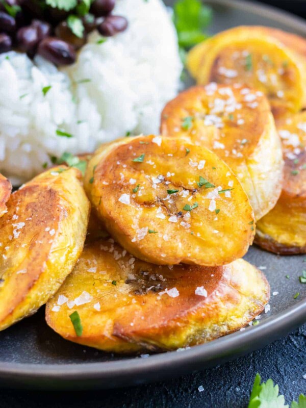 Fried sweet plantains recipe that is served with a sprinkle of salt.