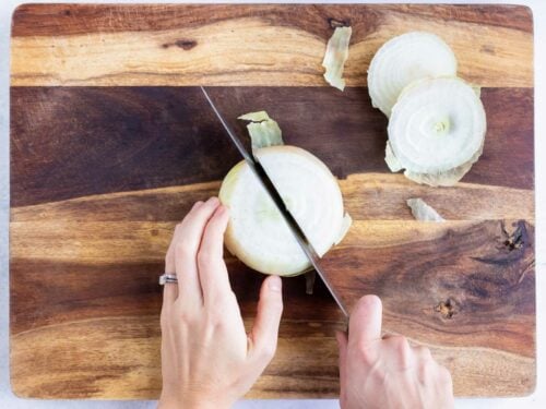 The onion is cut in half.