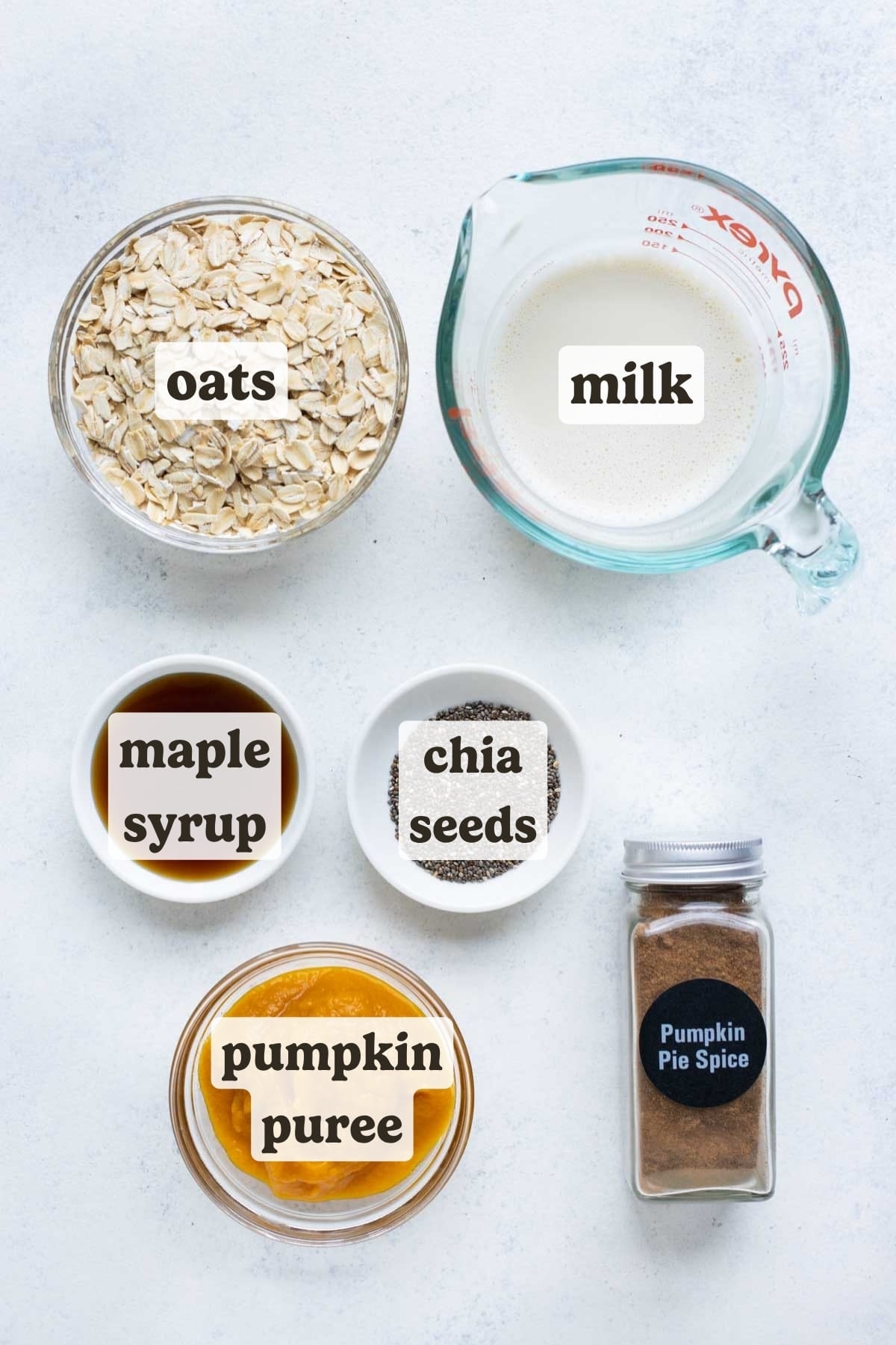Oats, milk, pumpkin puree, syrup, and spices are the ingredients for this overnight oats recipe.