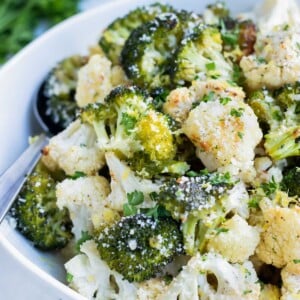 Parmesan roasted cauliflower and broccoli are a low carb vegetarian side dish.