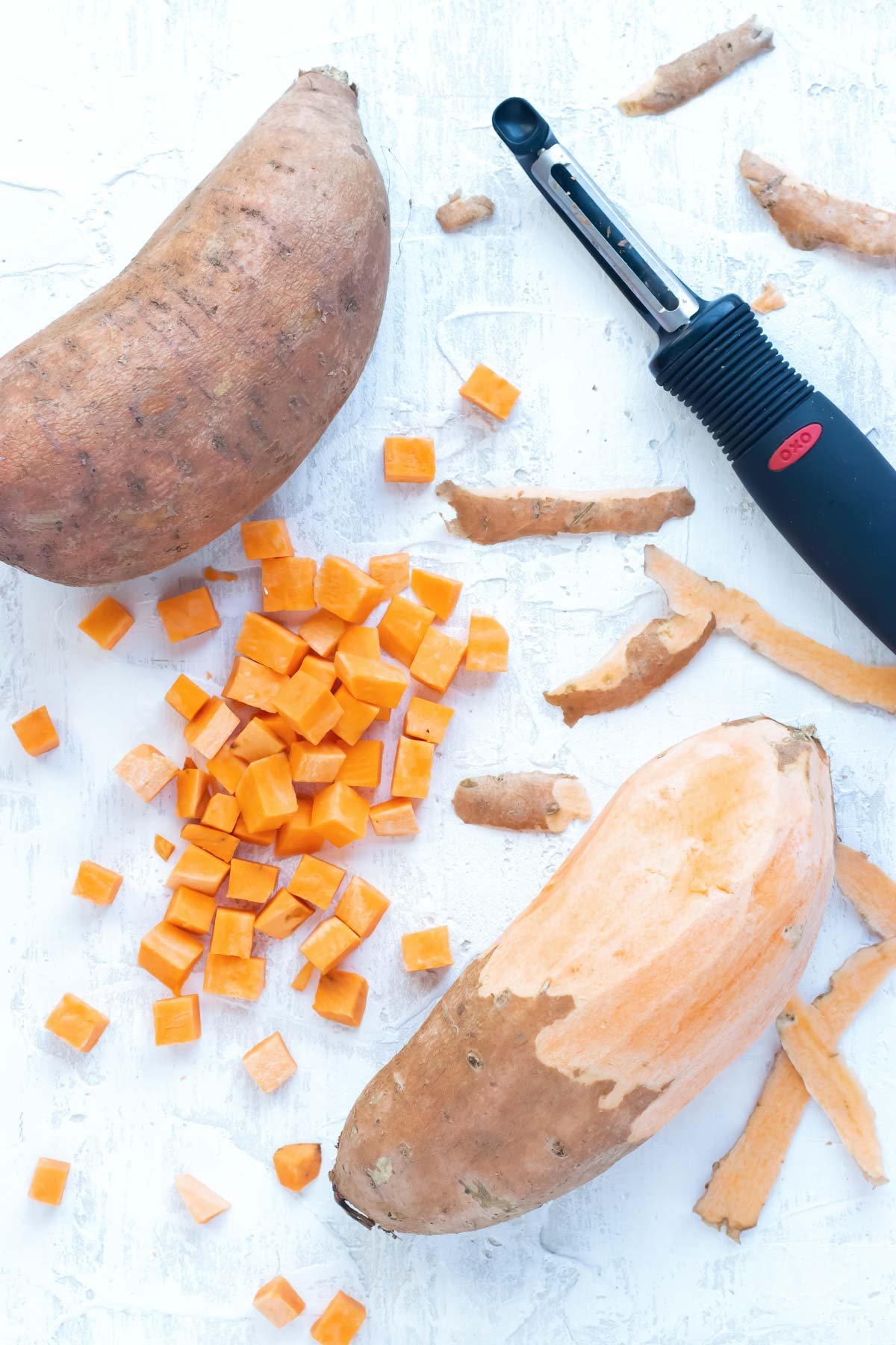 Sweet potato cubes before roasting them in the oven.