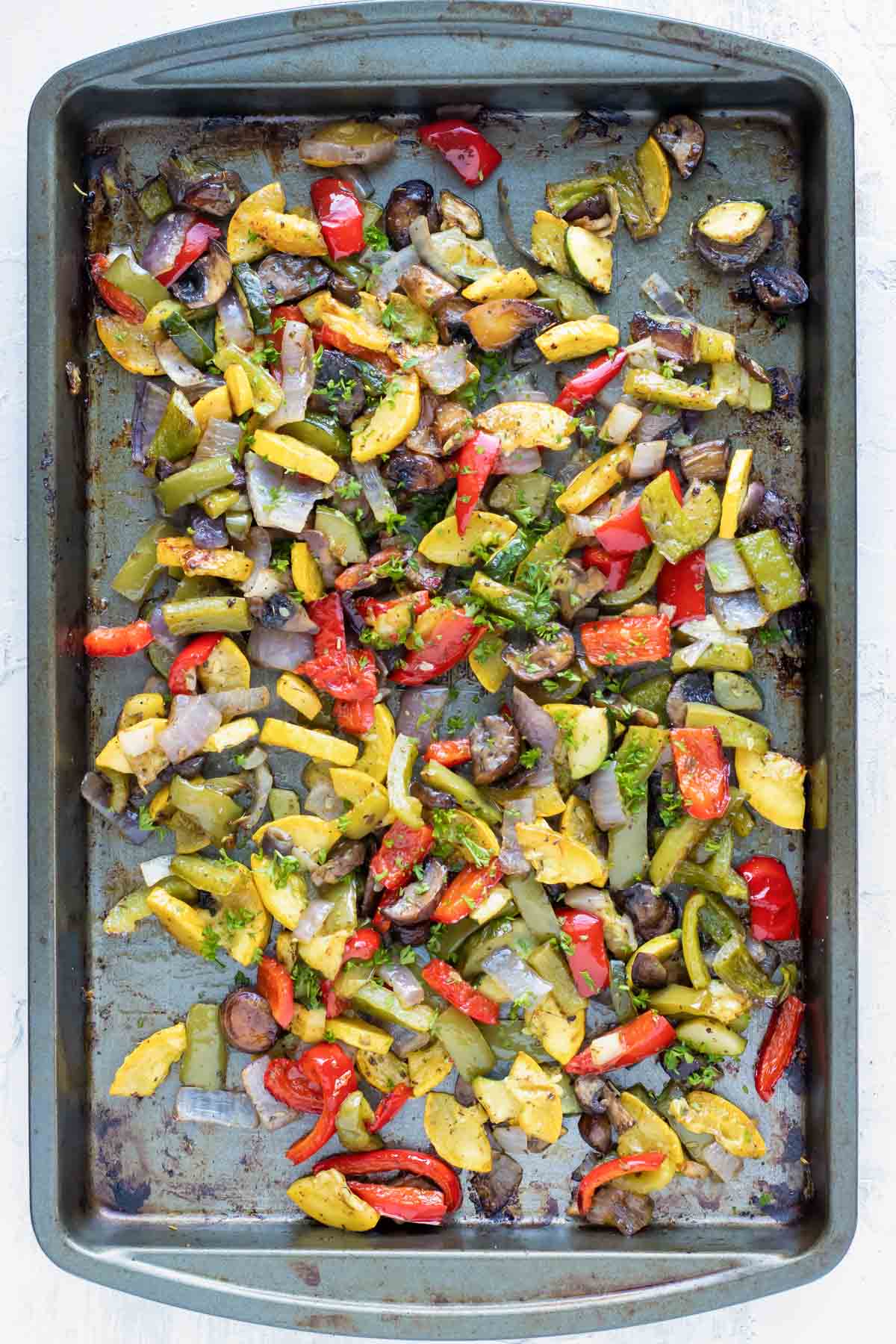 A tray of roasted veggies from the oven.