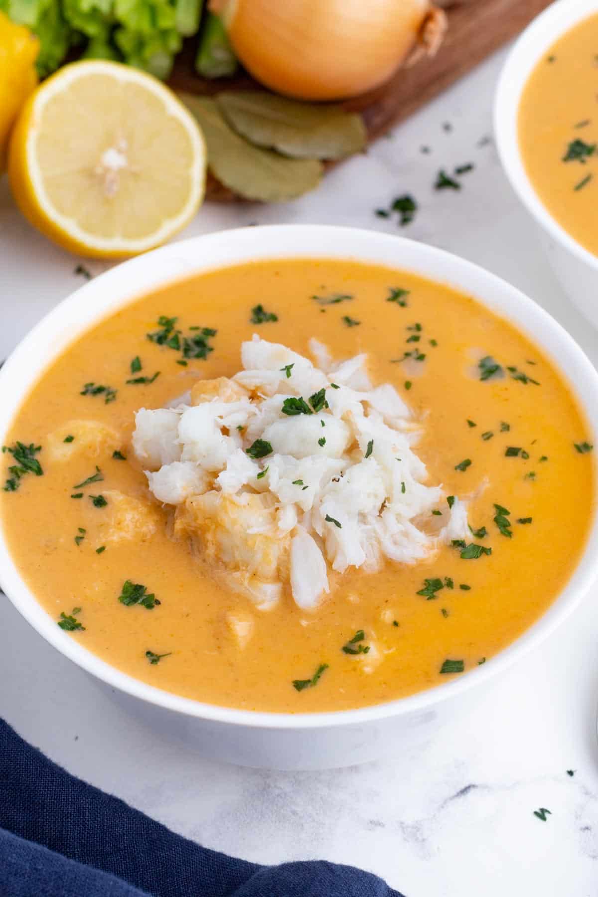 Crab bisque is creamy and delicious.