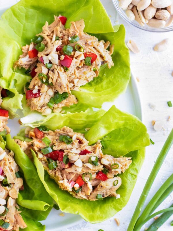 Asian lettuce wraps with a peanut butter sauce and shredded chicken filling on a white plate.