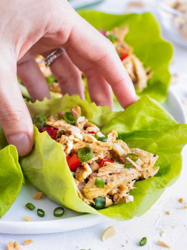A hand picking up a healthy lettuce wrap that is full of shredded chicken and an Asian sauce.