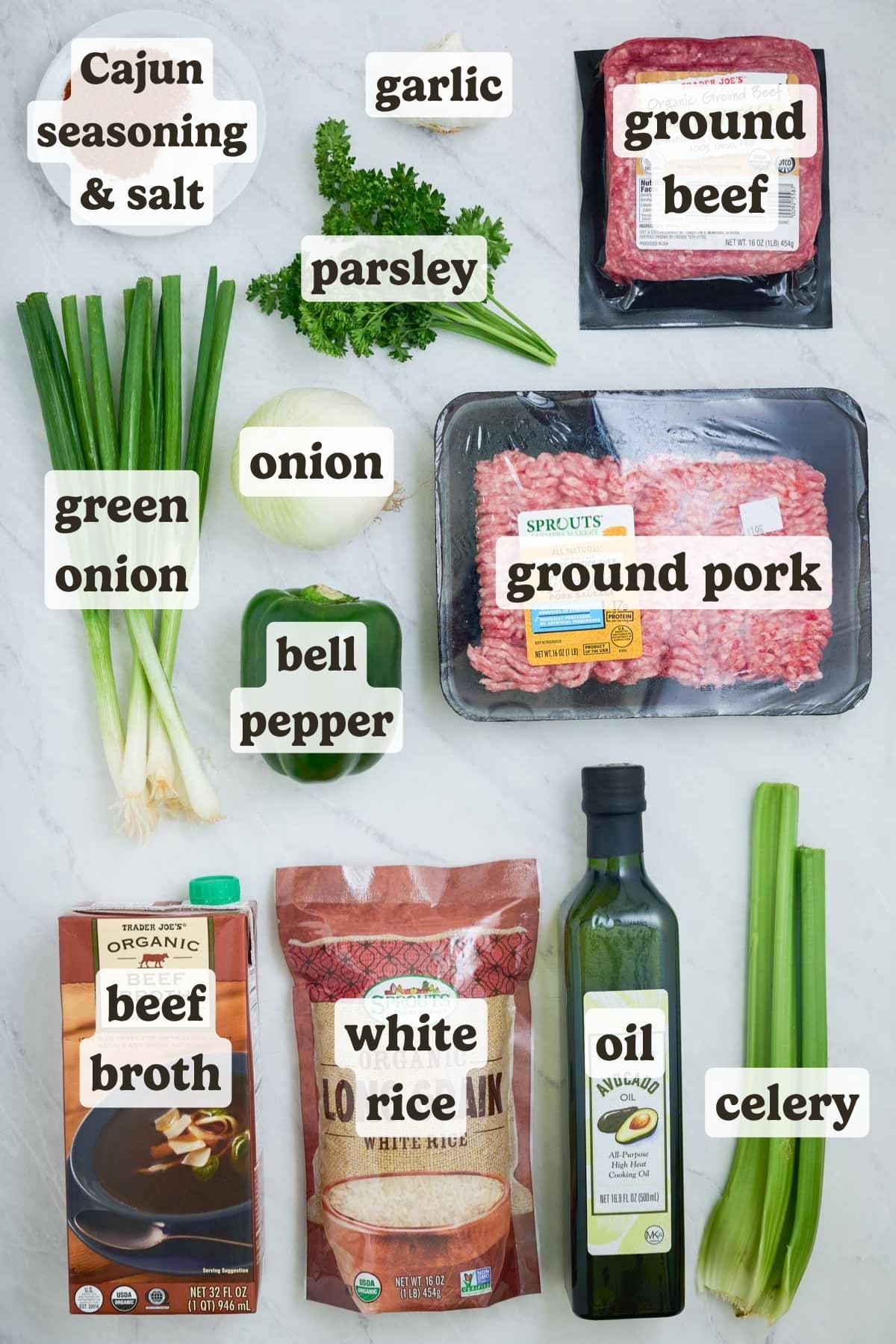 Rice, pork, beef, seasonings, onion, pepper, celery, and broth are the ingredients for this Cajun rice dish.