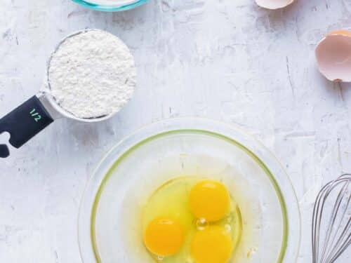 Eggs, milk, and four as the main ingredients in a Dutch baby pancake recipe.