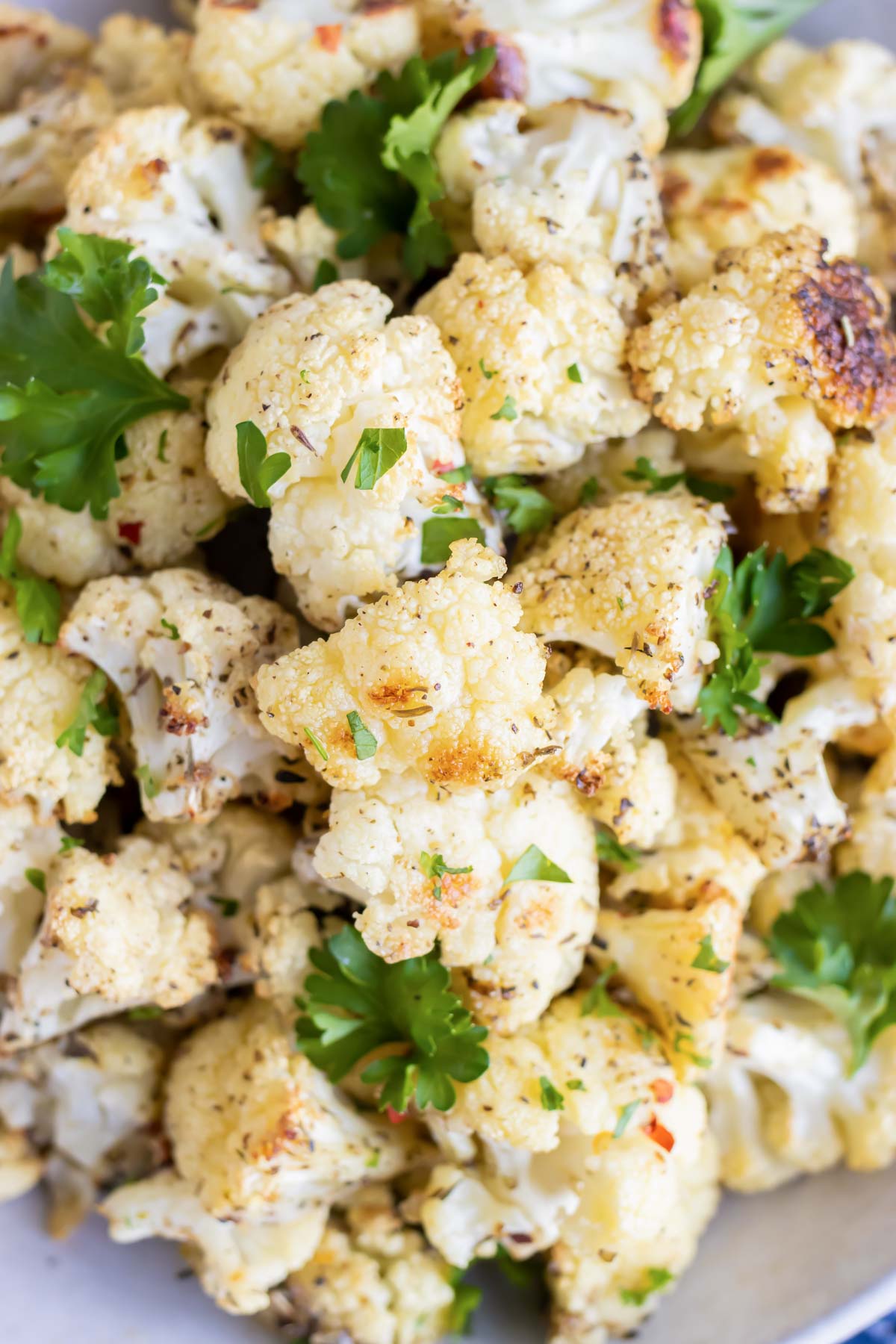 Roasted cauliflower with crispy golden edges and a tender center.