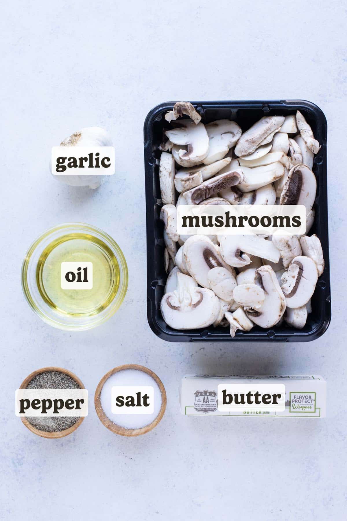 Sliced mushrooms, oil, butter, and seasonings are the ingredients for this sauteed mushroom recipe.