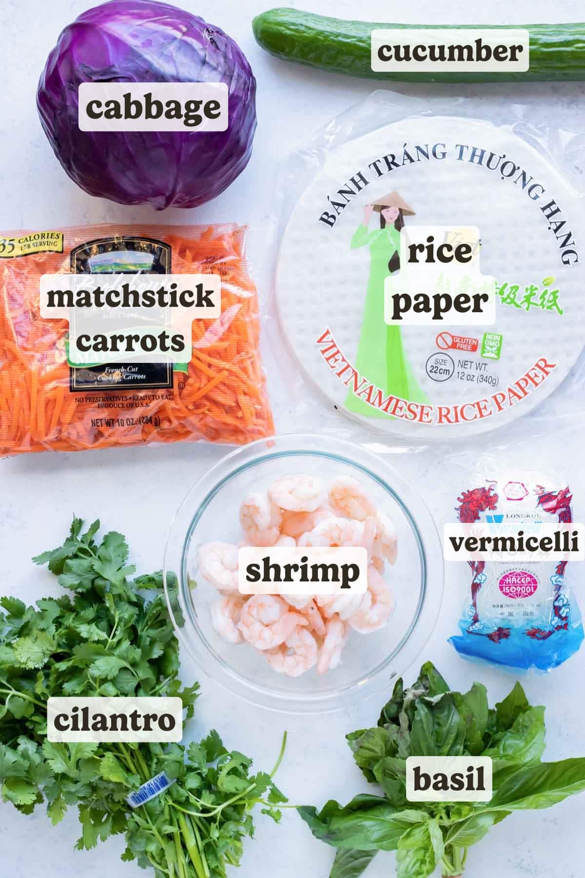 Rice paper, veggies, shrimp, and herbs are the ingredients for this spring roll recipe.