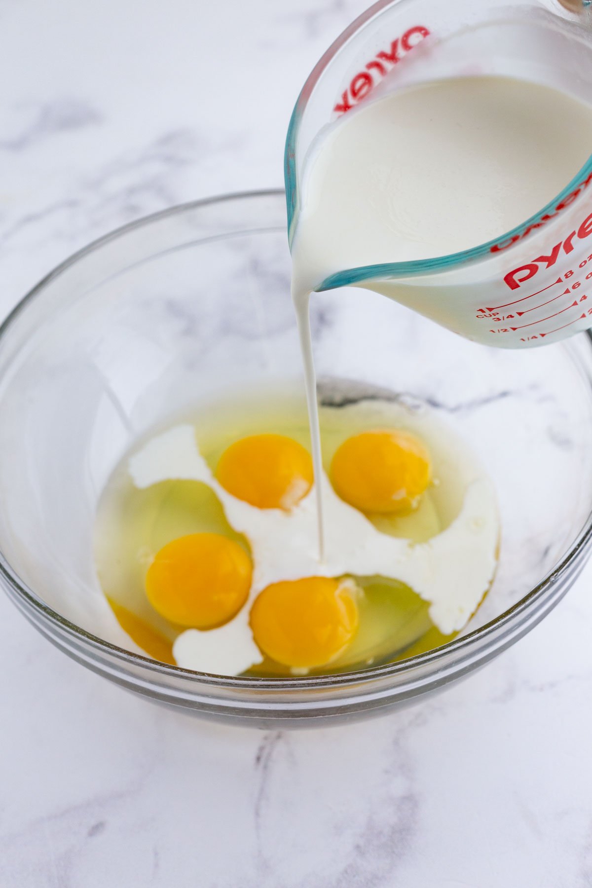 Cream is added to the eggs.