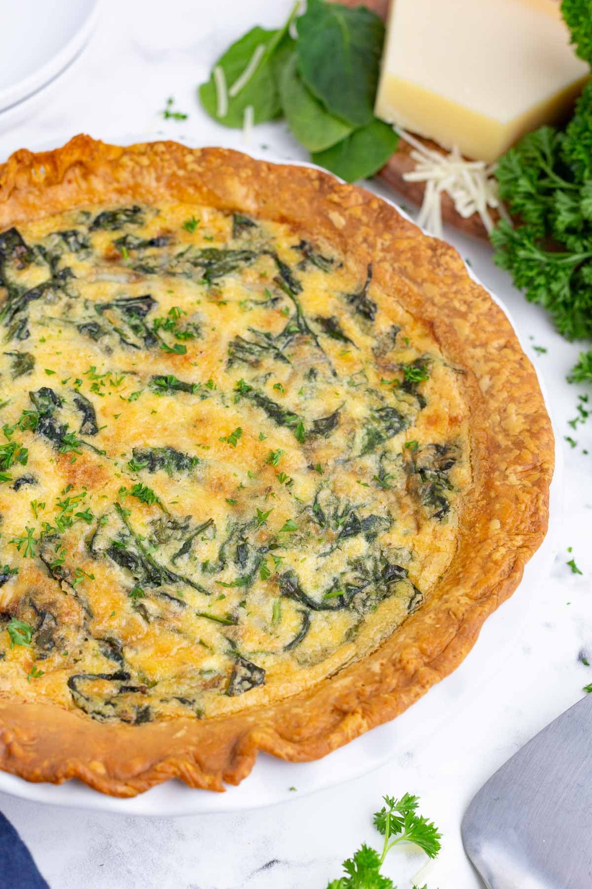 Finished Quiche Florentine ready to slice and serve