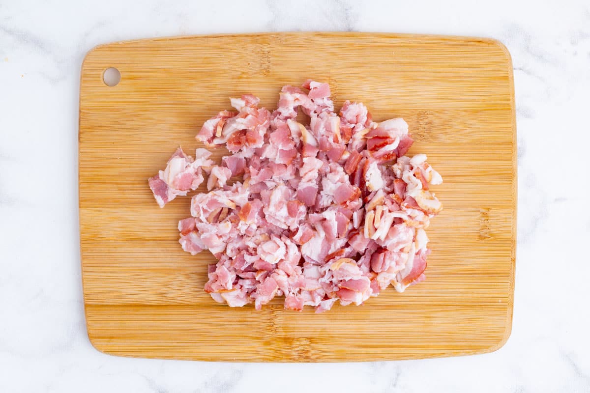 Bacon is cut into pieces.