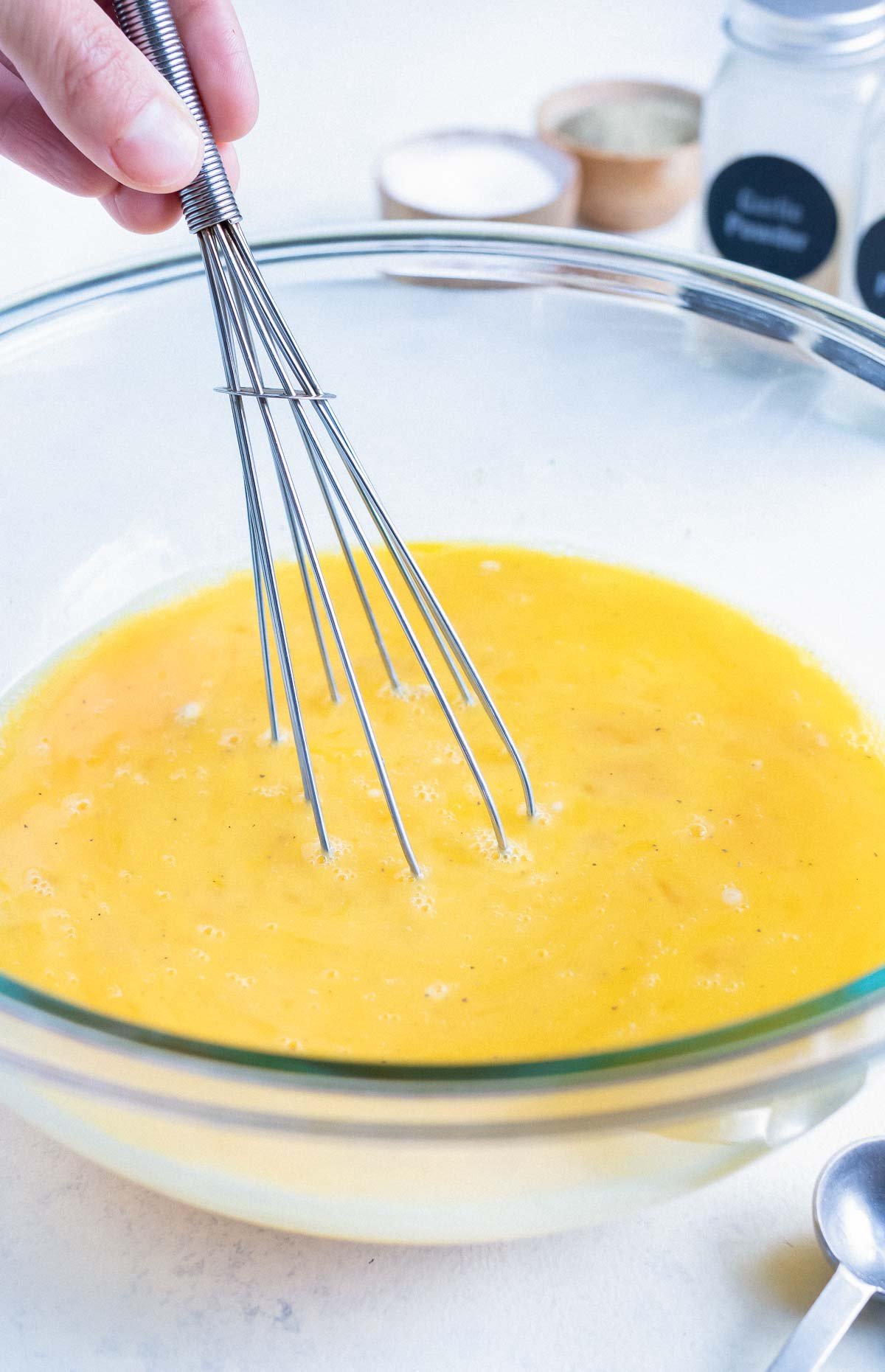 The egg bites batter is fully whisked together and combined.