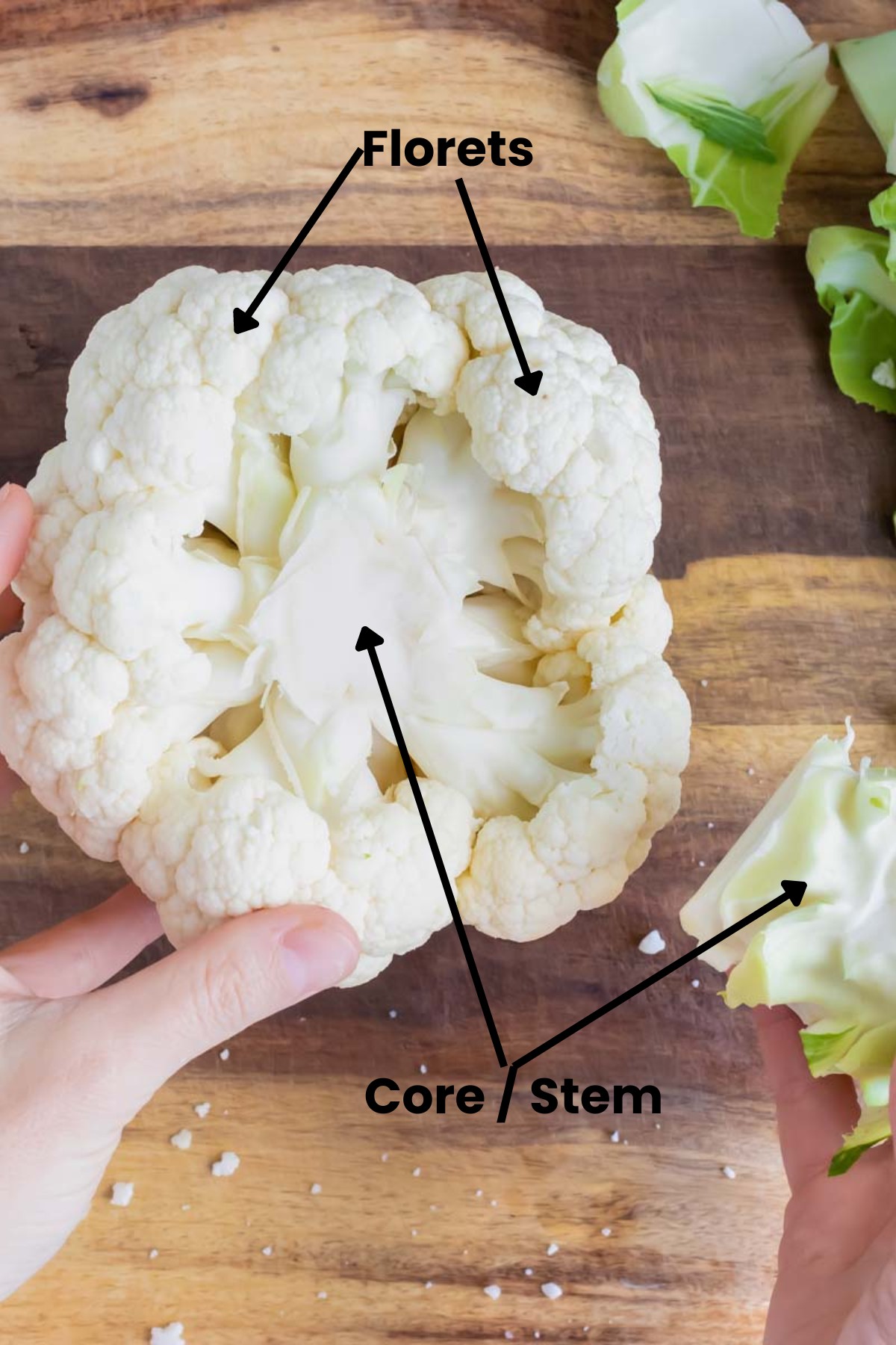 A head of cauliflower that has arrows pointing to the stem that has been cut off and the core that is exposed.