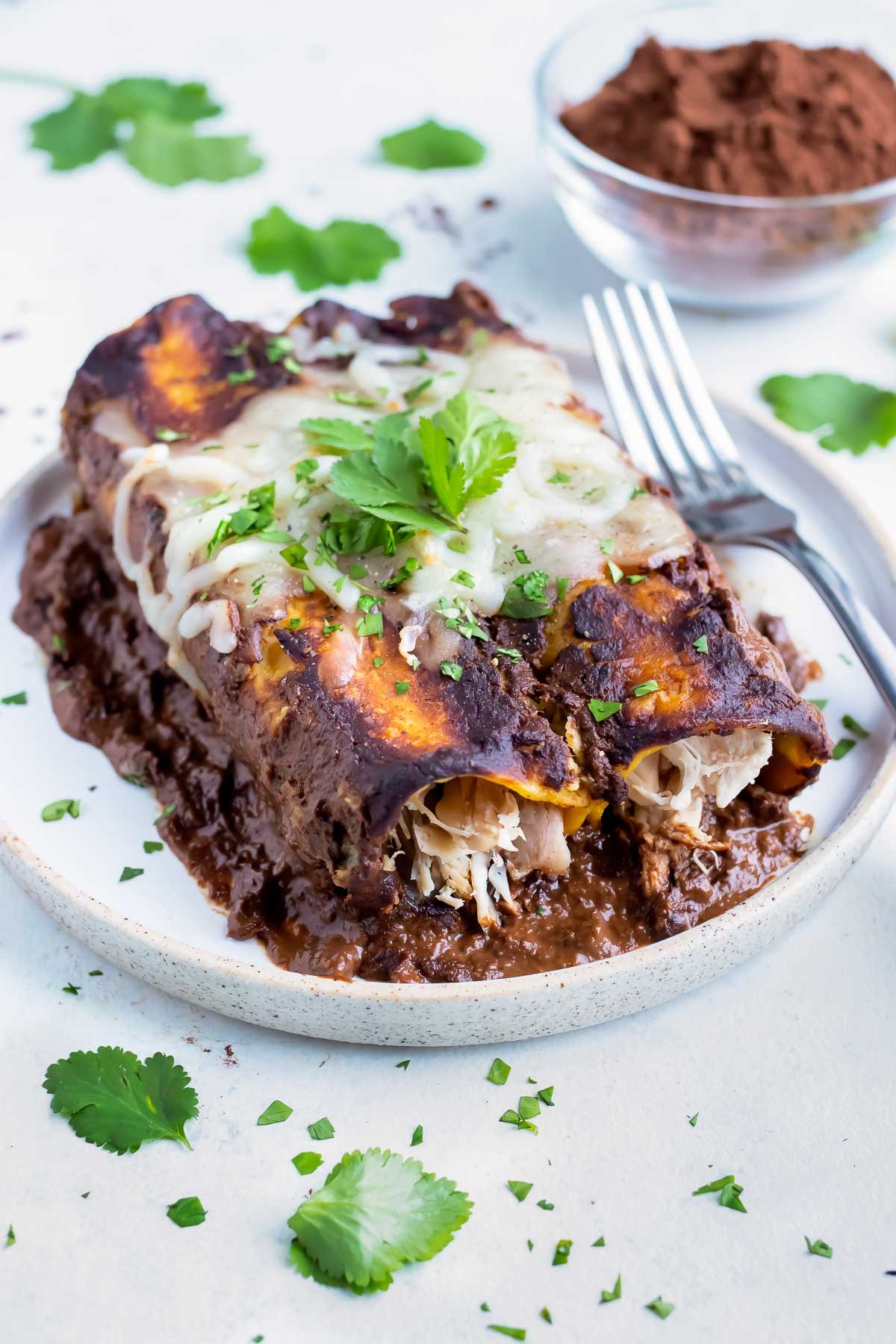 A fork is set beside a plate of chicken mole enchiladas.