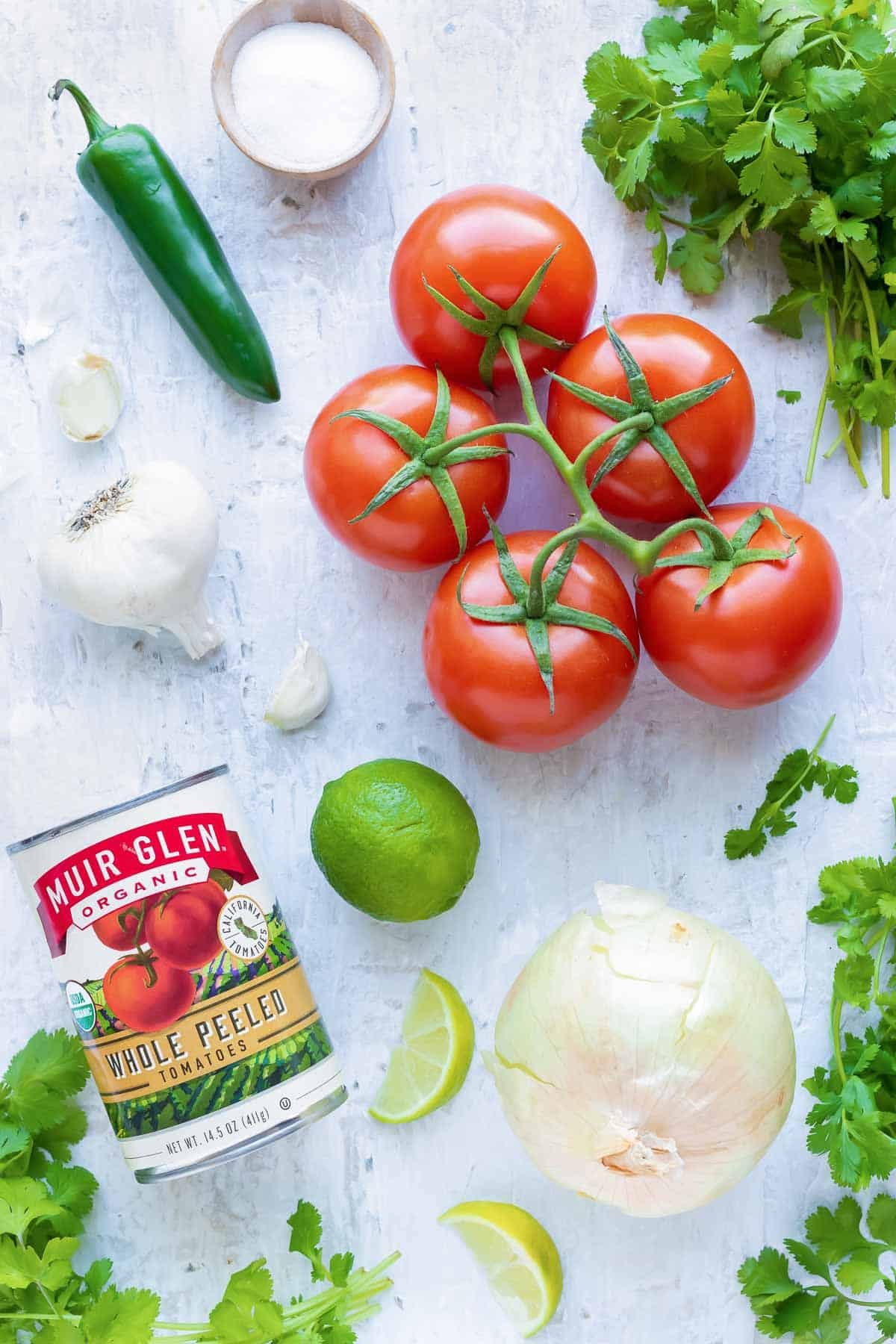 Tomatoes, onions, peppers, cilantro, lime, and garlic are the ingredients for this salsa.