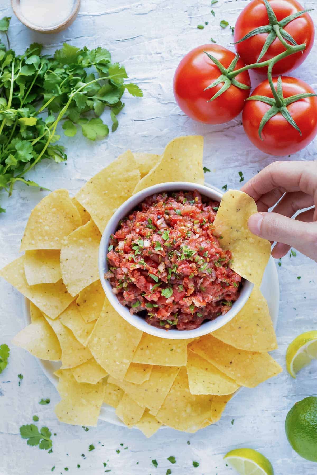 A hand dipping a tortilla chip into a bowl full of restaurant style tomato salsa with fresh tomatoes and cilantro next to it.
