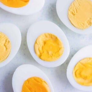 Easy to peel hard boiled eggs are shown on the counter.