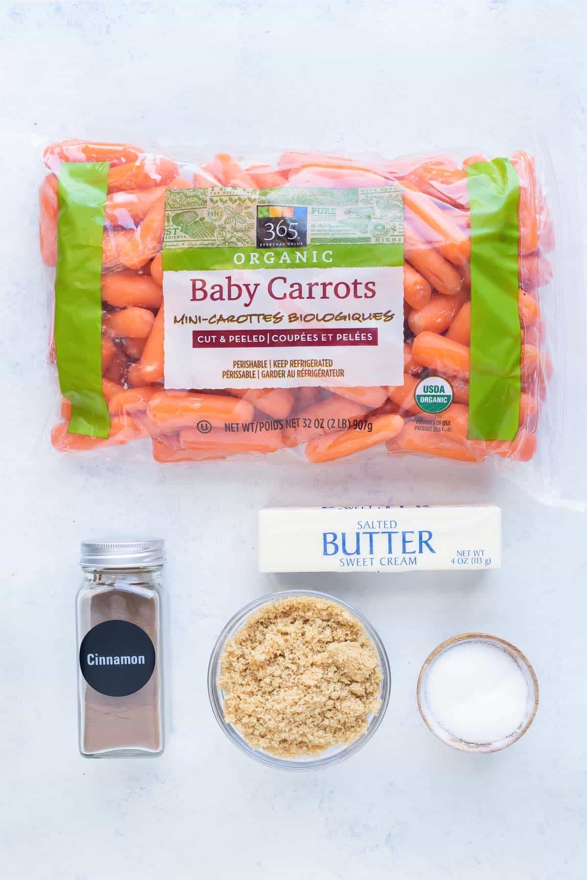 Baby carrots, brown sugar, butter, cinnamon, and salt are the ingredients in this recipe.