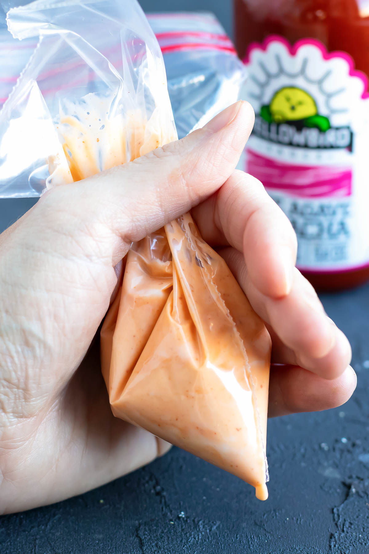 Drizzle the mayo in a bag for ease.
