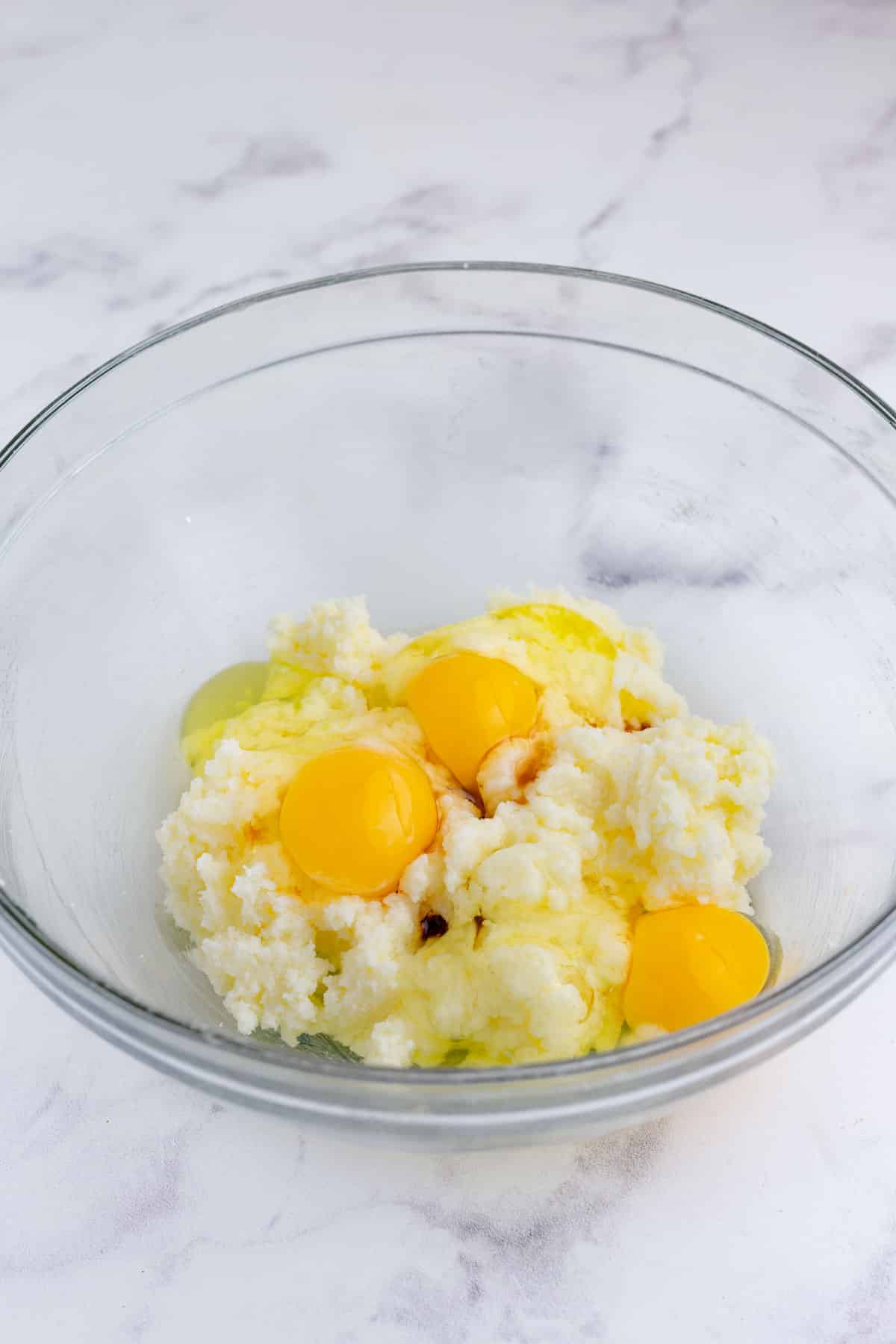Eggs and vanilla are added to the butter mixture.
