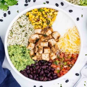 An overhead shot of a homemade burrito bowl inspired by Chipotle.