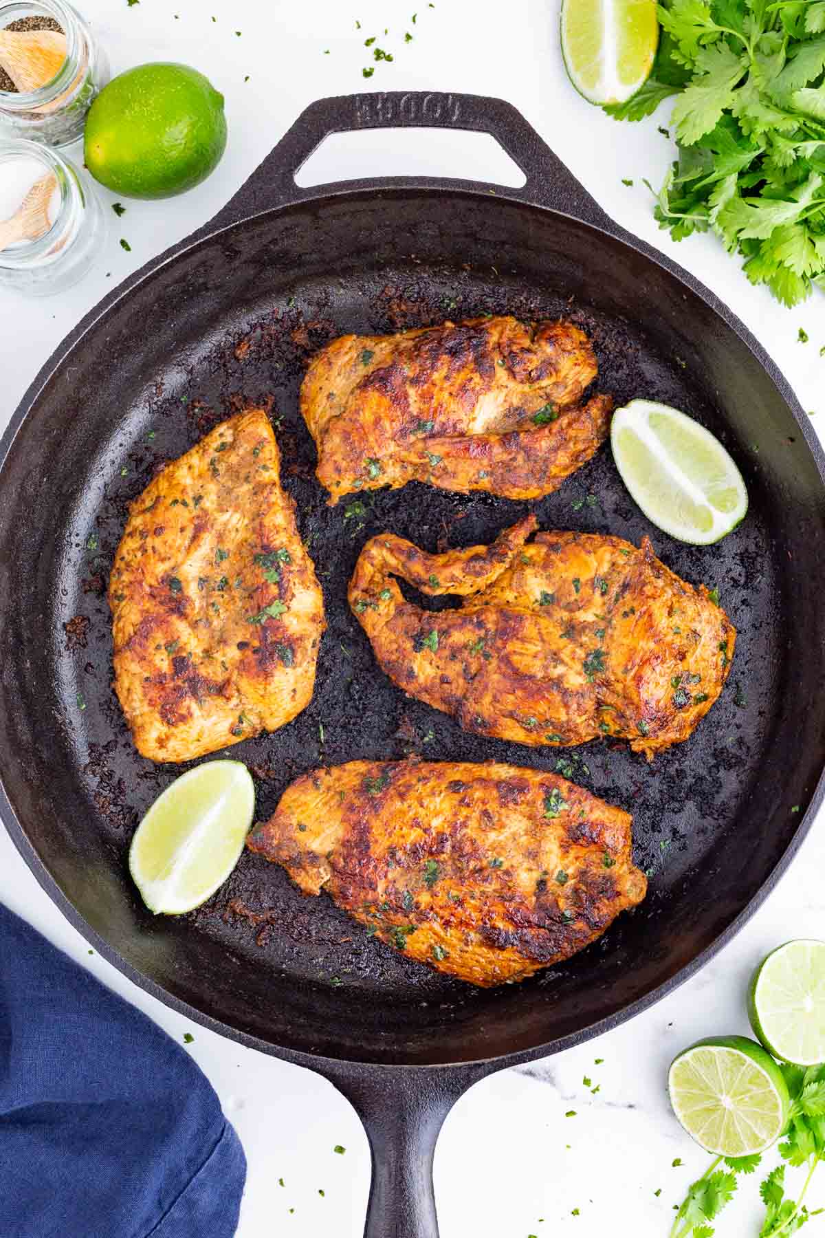 Chipotle chicken is cooked in a skillet.