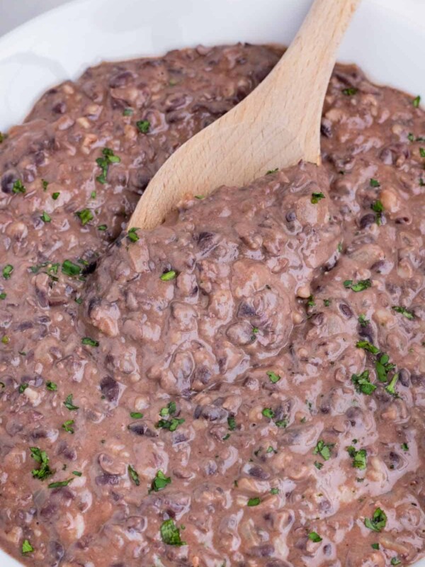 Serve these refried black beans made in a skillet as a healthy side dish.