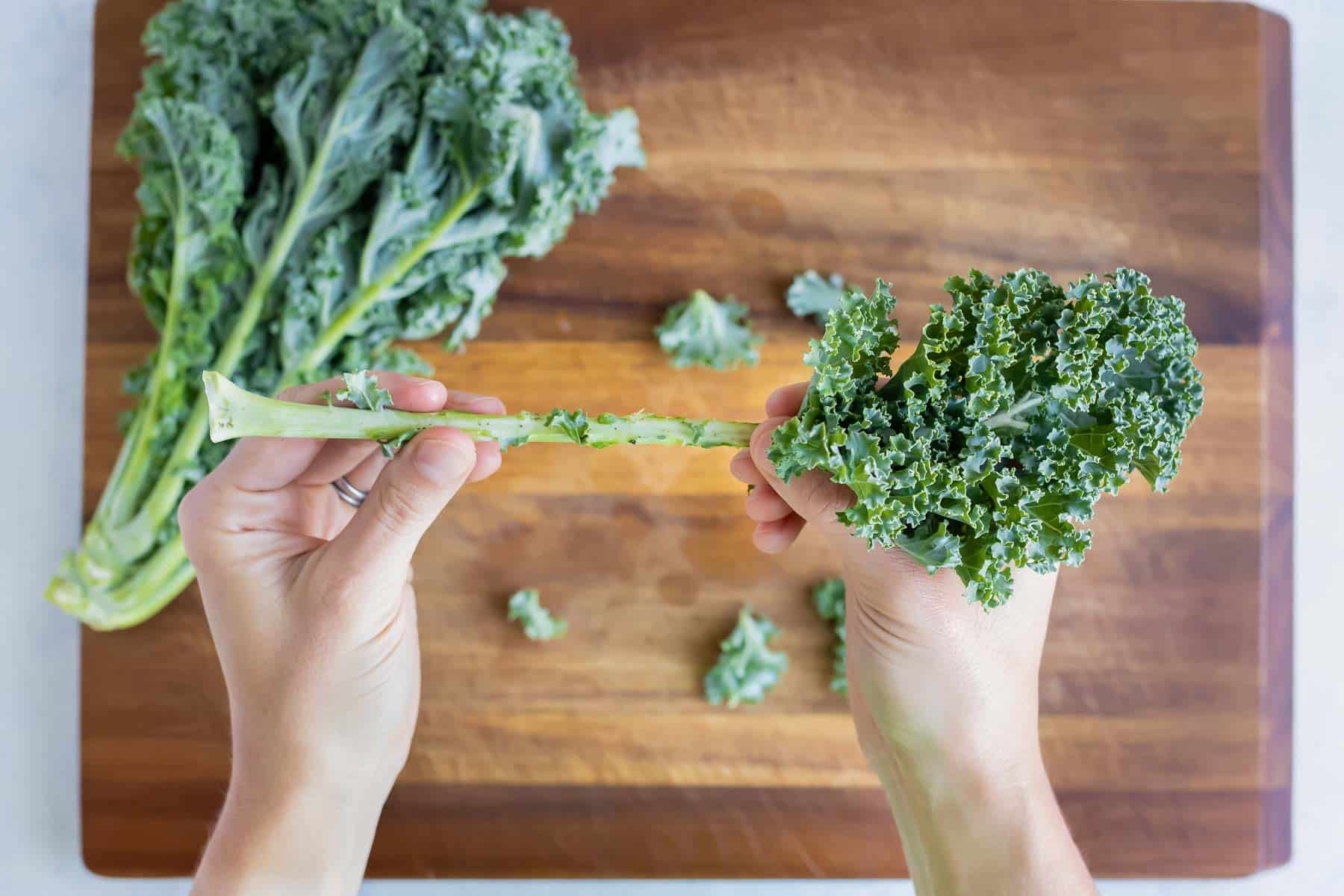 Kale leaves are pulled off the spine with your hands.