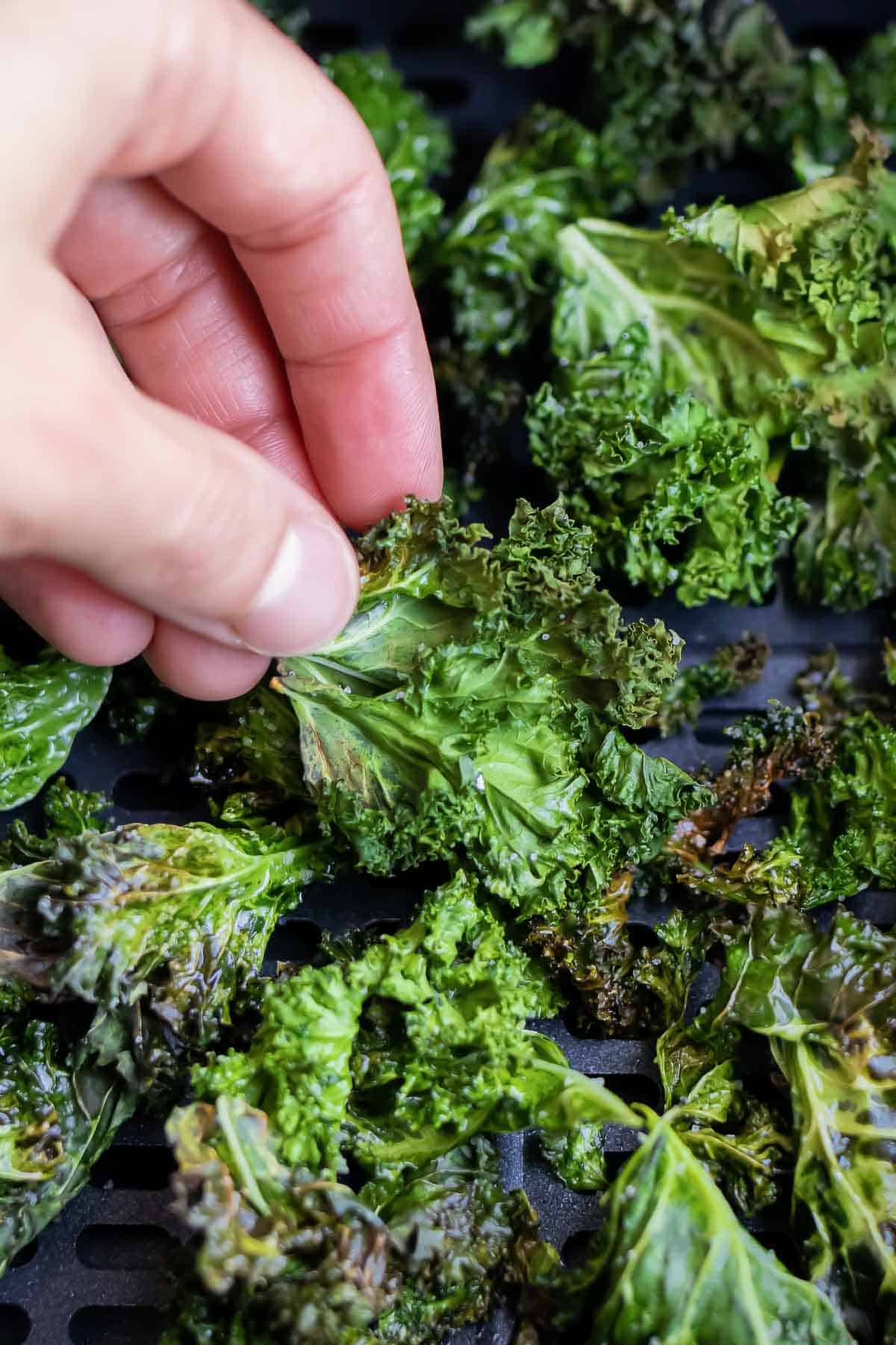 Crispy air fryer kale chips are enjoyed for a healthy snack.