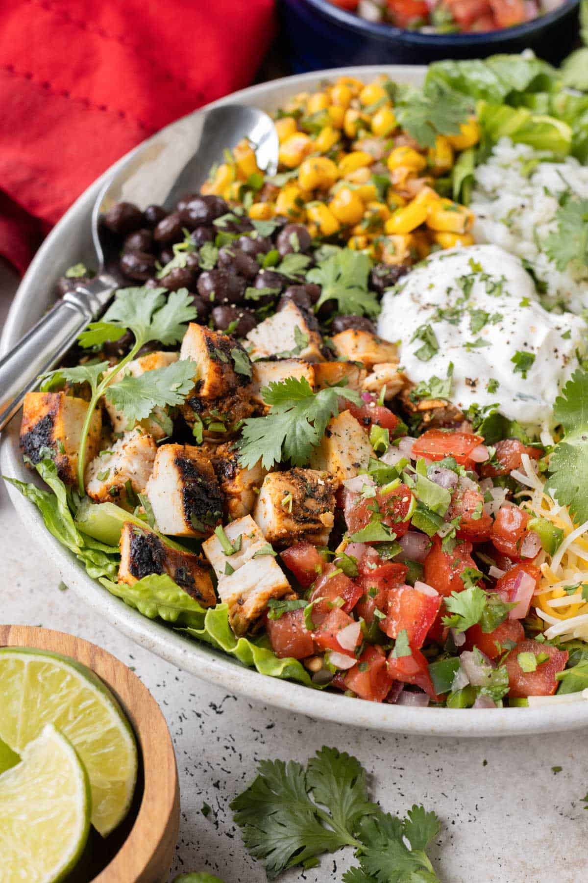 A spoon digs into a white bowl filled with copycat Chipotle burrito bowl ingredients.