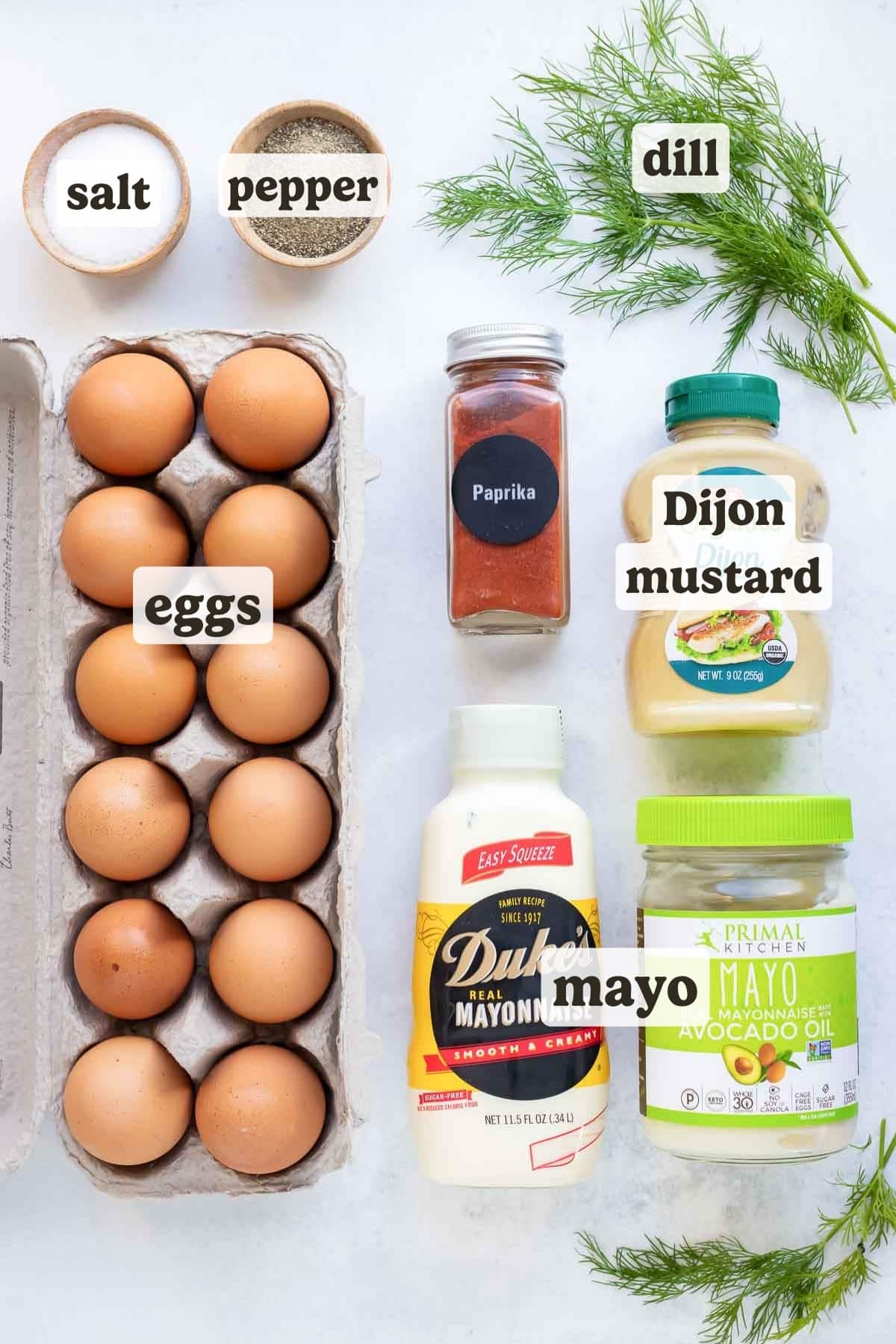 Eggs, mayo, mustard, and spices are the ingredients for this deviled egg dish.