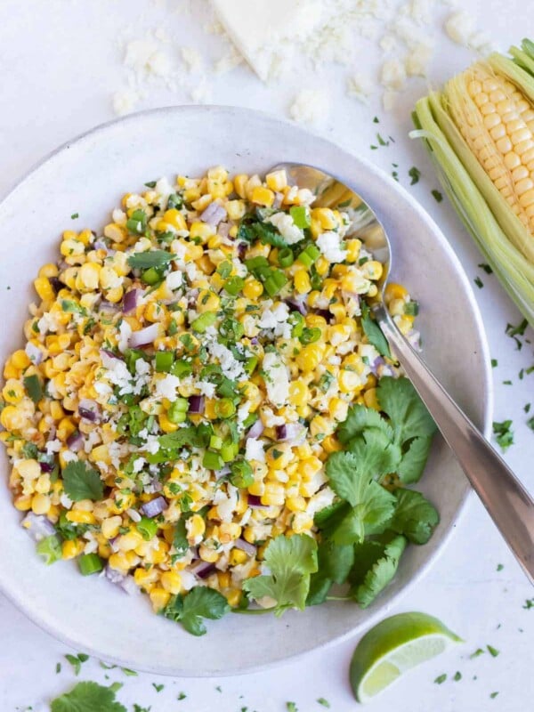 An easy Mexican side dish corn recipe that can be served with fajitas or tacos.