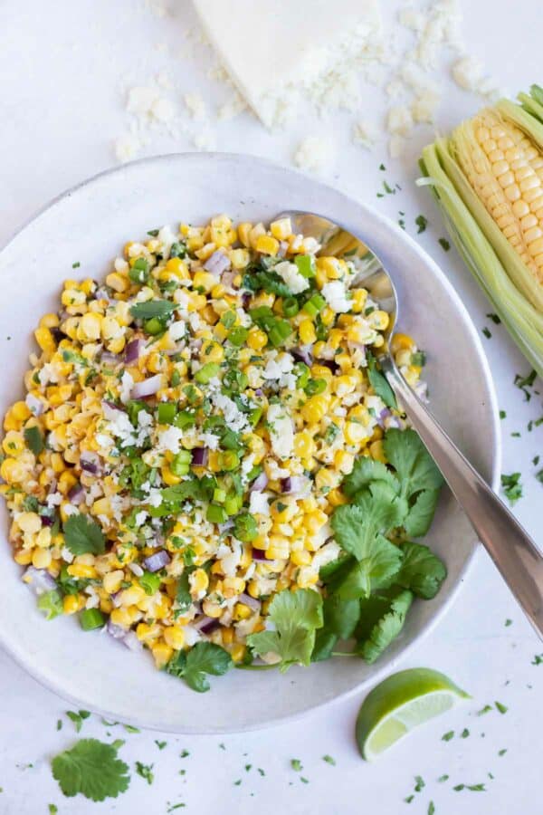 An easy Mexican side dish corn recipe that can be served with fajitas or tacos.