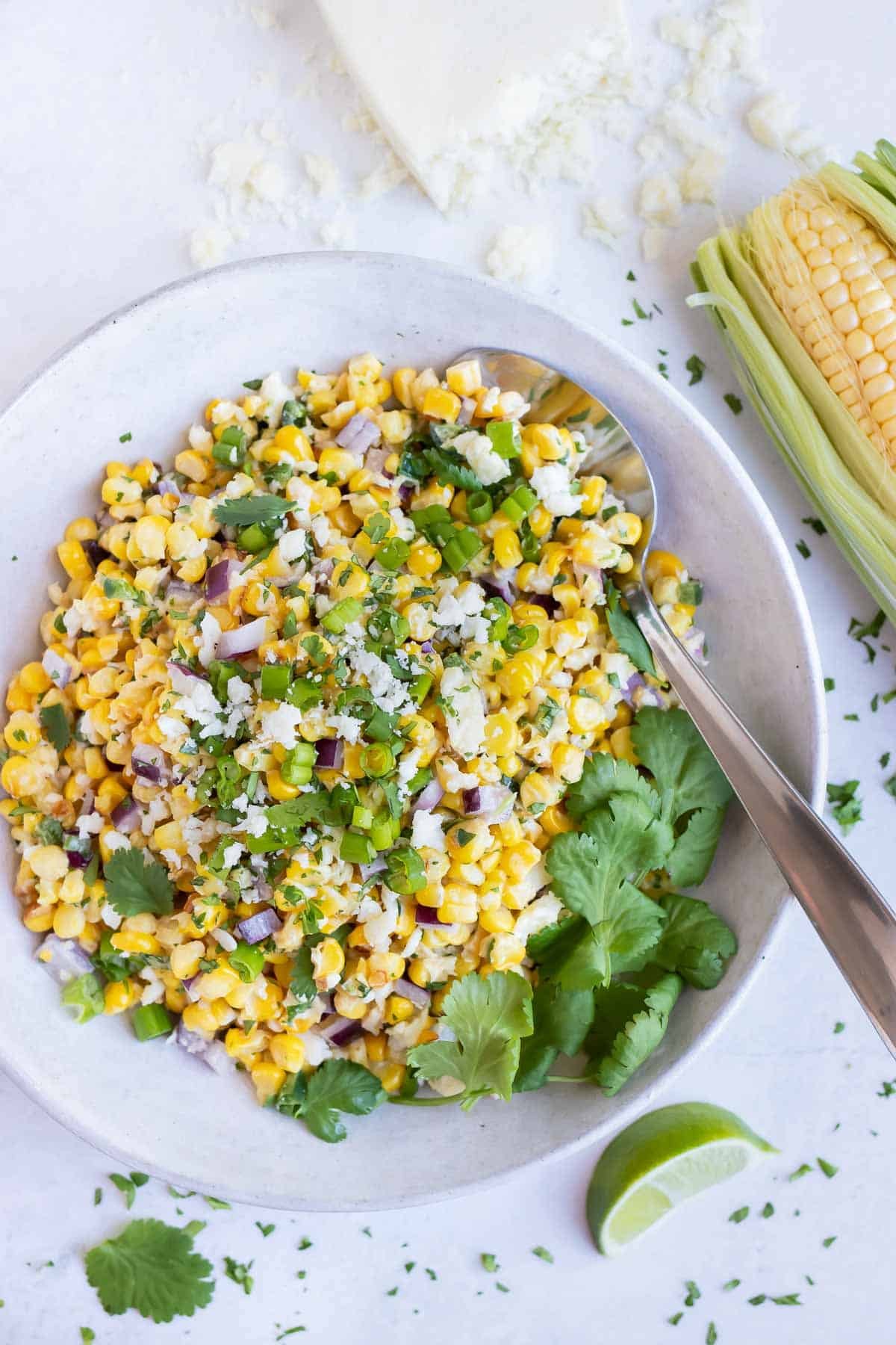 An easy Mexican side dish corn recipe that can be served with fajitas or tacos.