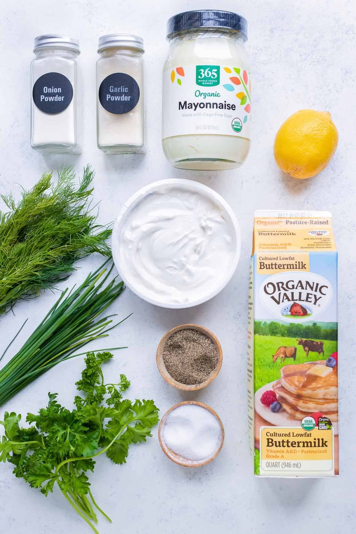 Buttermilk, mayonnaise, sour cream, lemon juice, chives, parsley, and dill are the ingredients in this recipe.