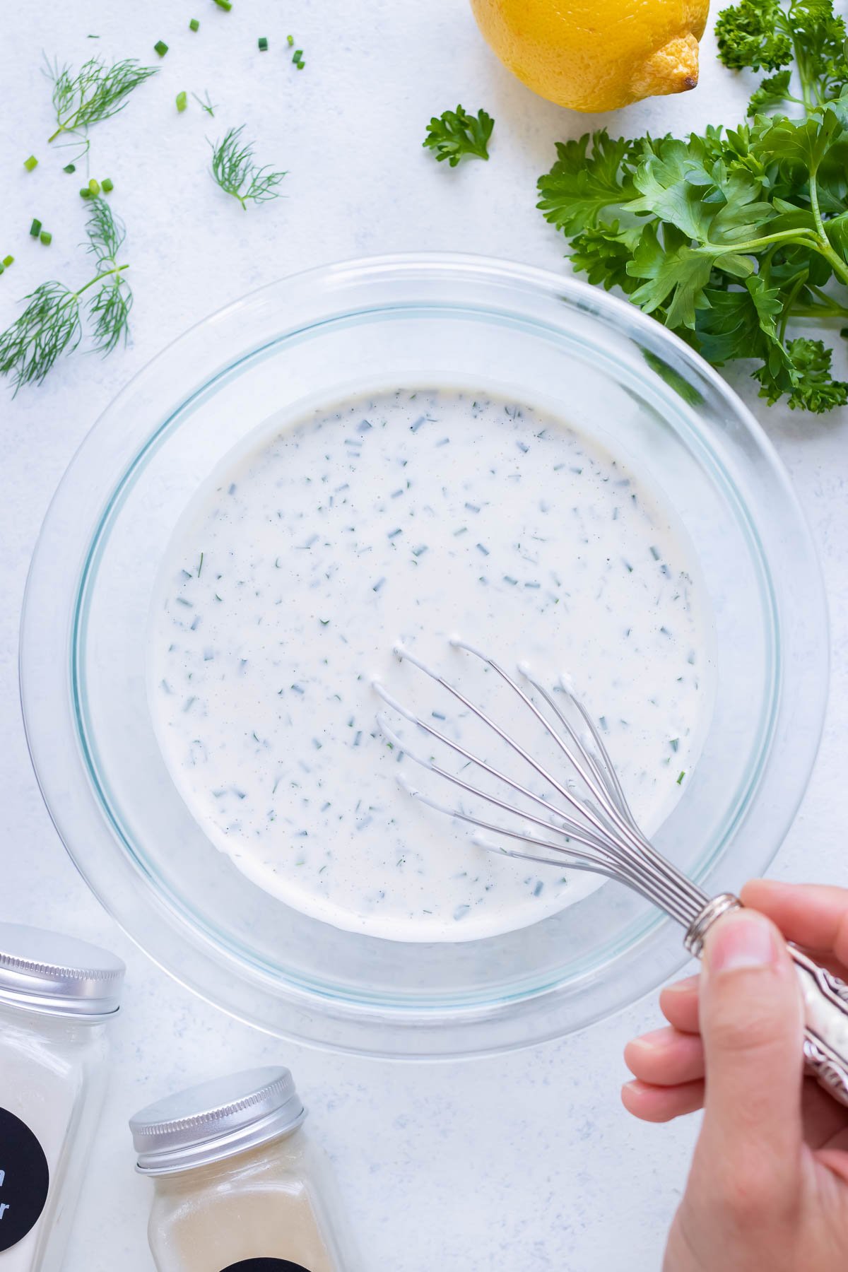 The homemade ranch dressing is made in just 5 minutes with a whisk.