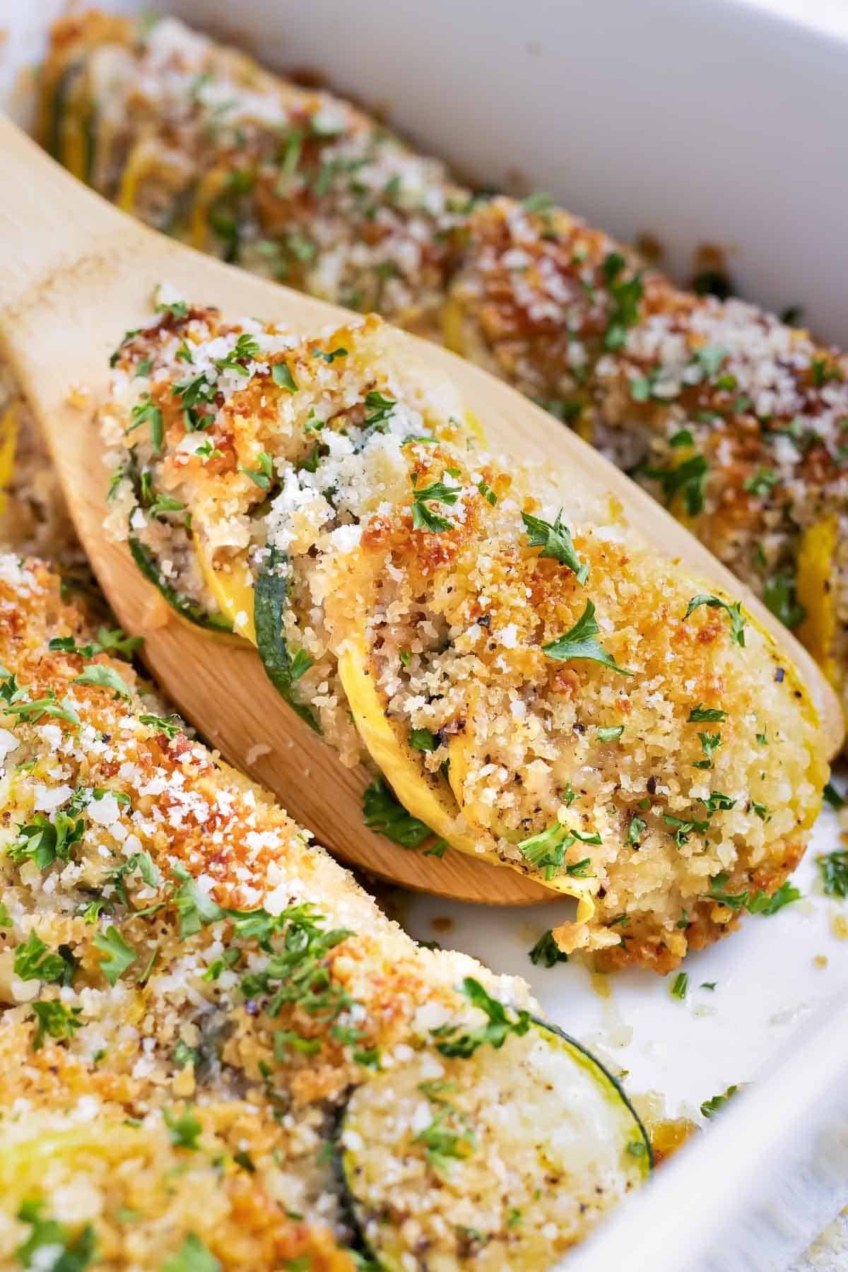 A close-up image of squash casserole with summer squash and zucchini squash that is easy to make and baked in the oven.