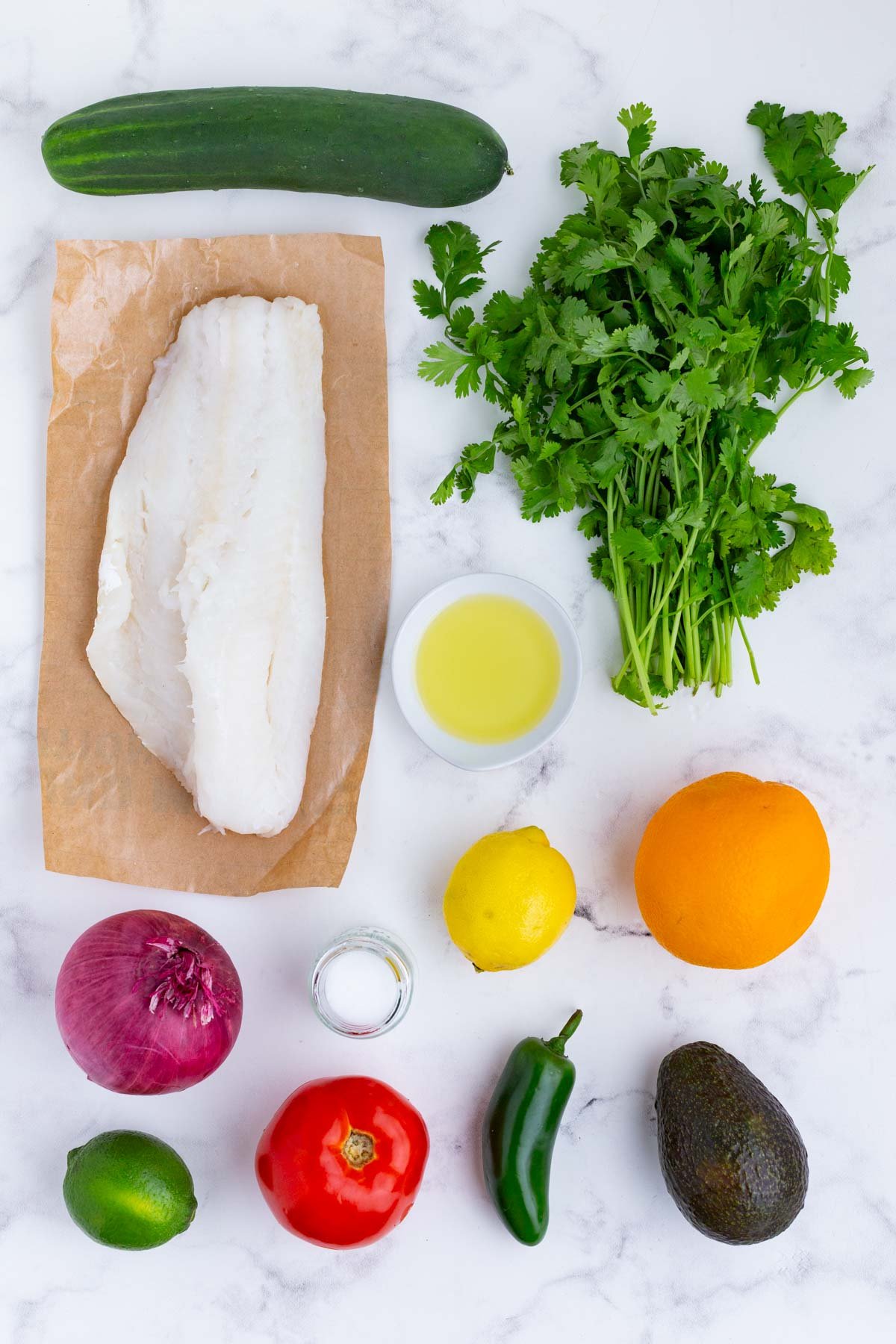 Fish, cilantro, citrus, onion, peppers, and salt are the ingredients for this dish.