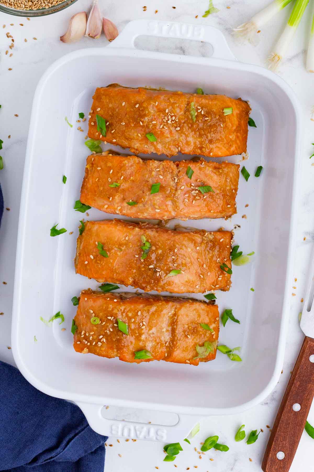 Miso glazed salmon is baked in the oven.