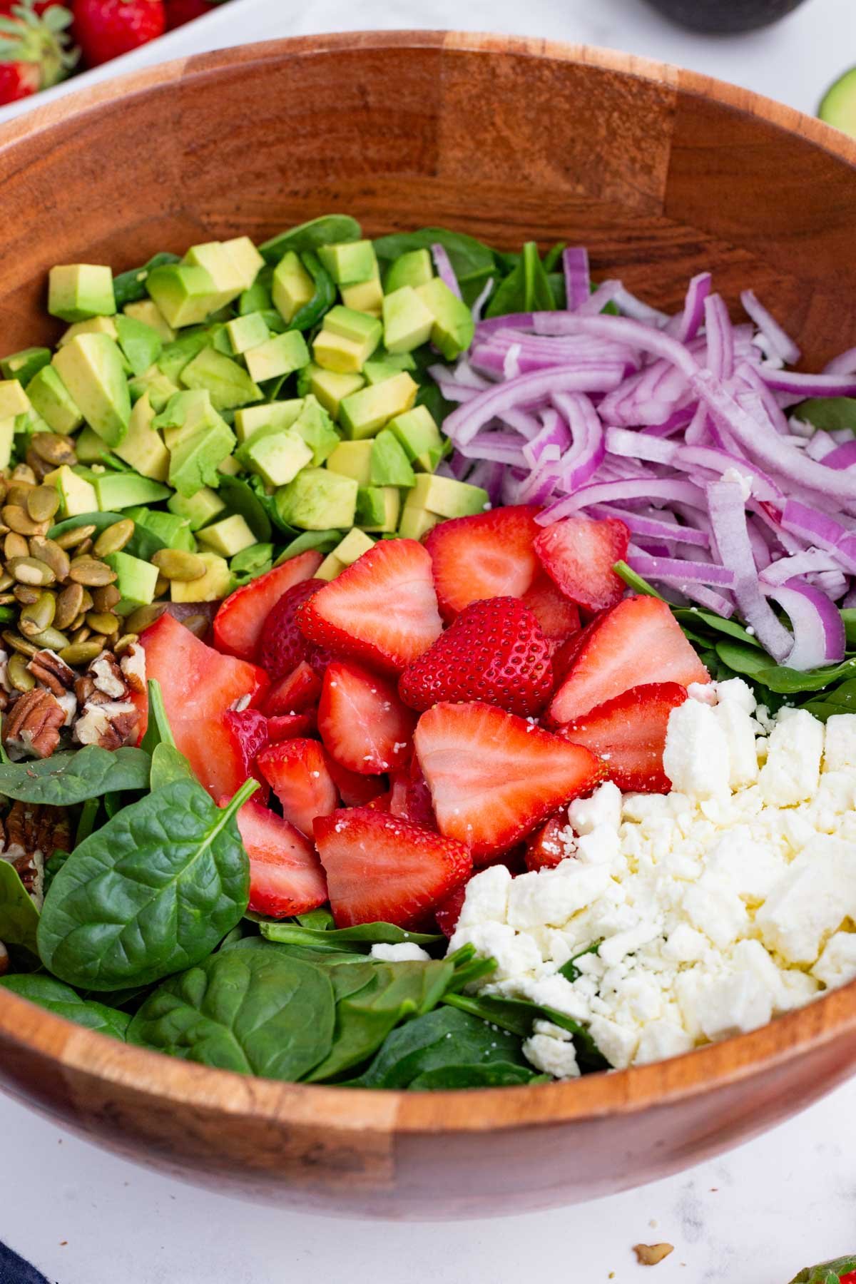 A closeup shot of the ingredients needed in this salad.