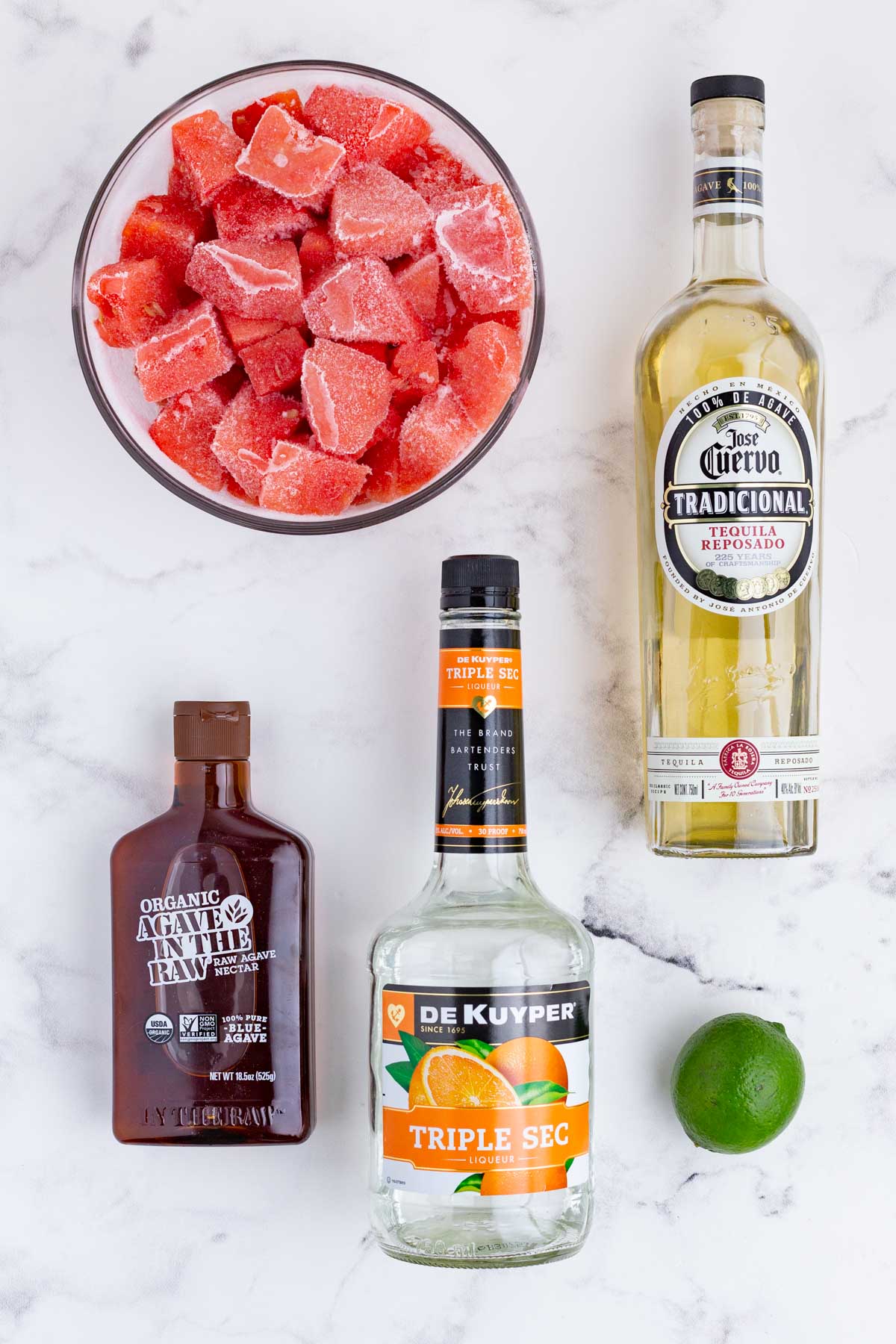 Tequila, triple sec, watermelon, lime juice, and agave are the ingredients for this drink.