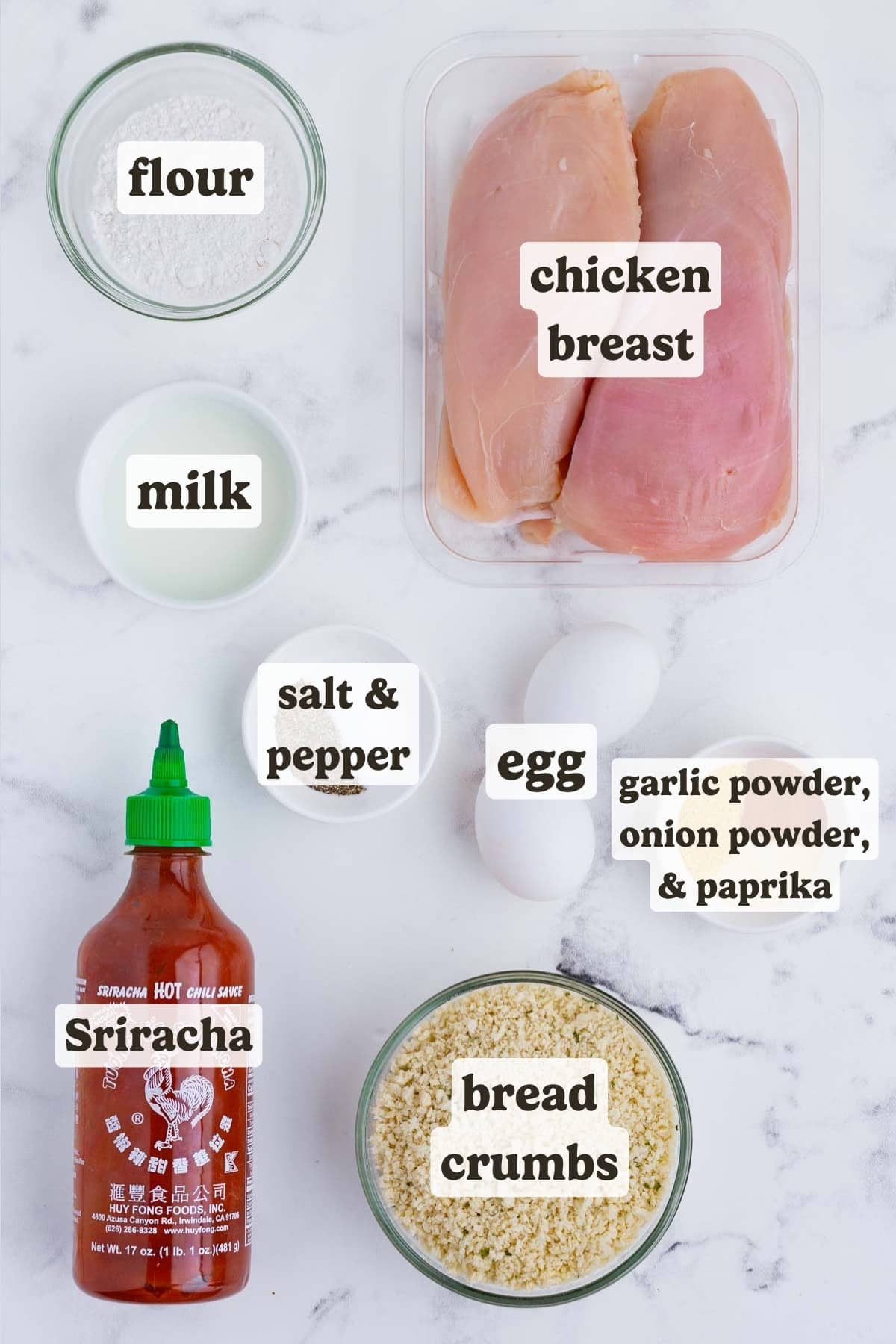 Chicken, flour, breadcrumbs, milk, seasonings, and hot sauce are the ingredients for this hot honey chicken dish.