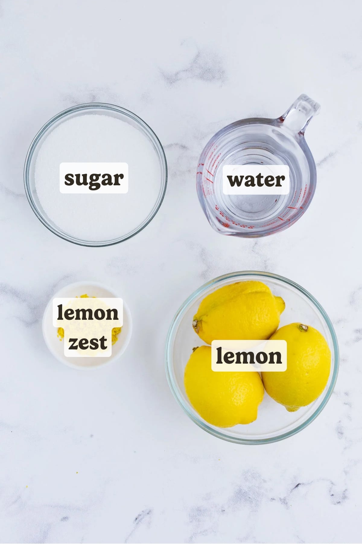 Lemon, sugar, and water are the ingredients for this sorbet recipe.