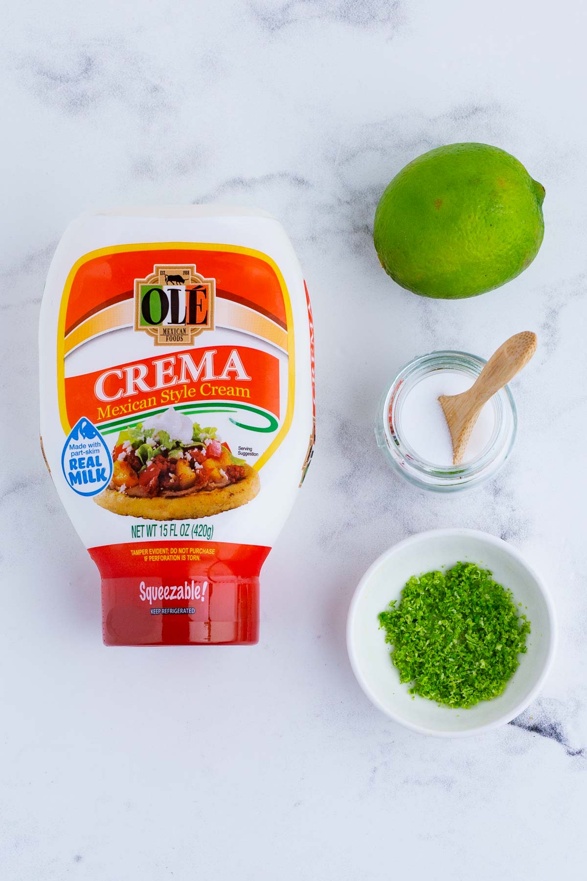 Crema, lime, and salt are the ingredients for the sauce.